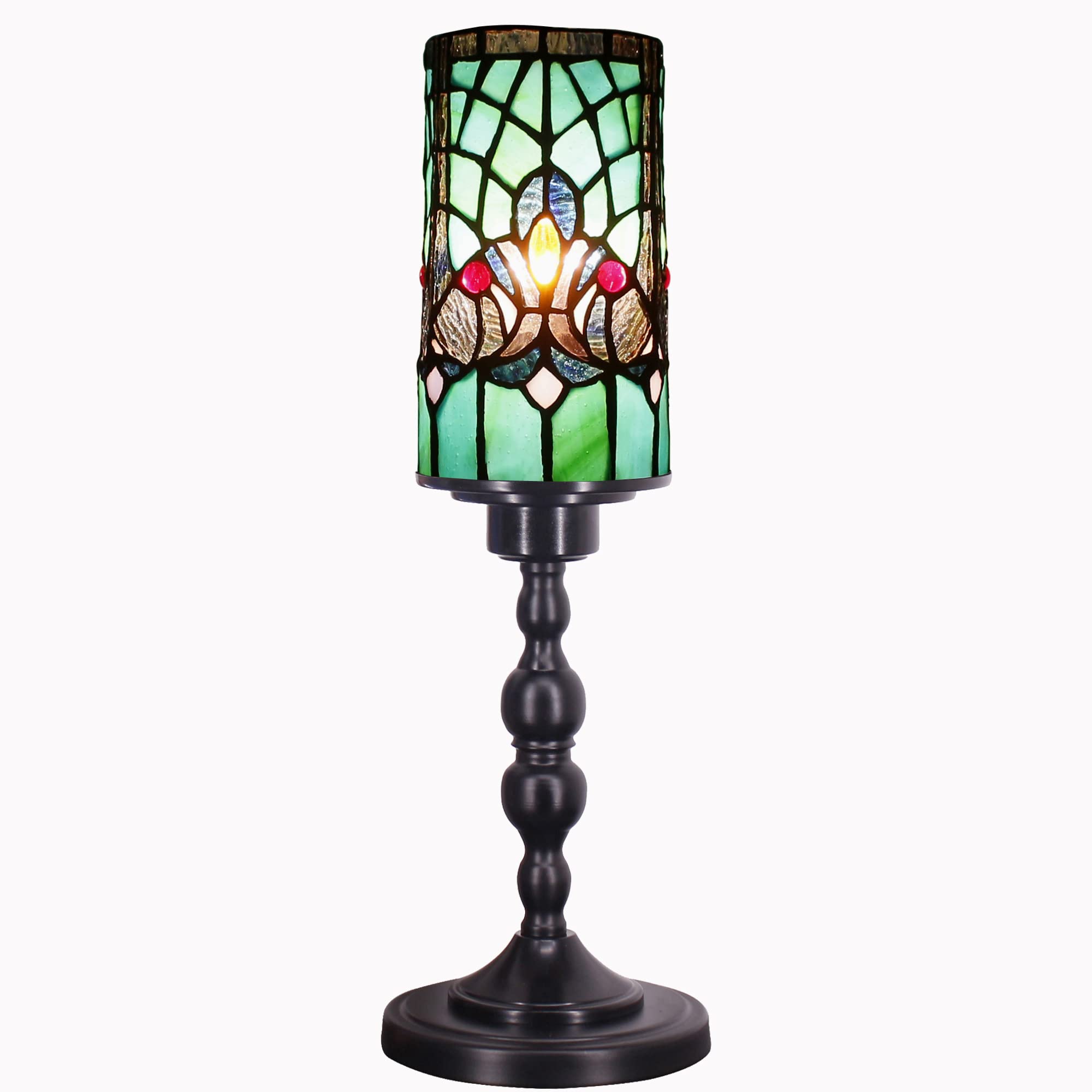 Small Tiffany Lamp Mini Stained Glass Table Lamp 4x15 Inch Green Victorian Style Memory Accent Candlestick Desk Lamp - Perfect for Bedroom, Living Room & Office Decor | RHLAMPS