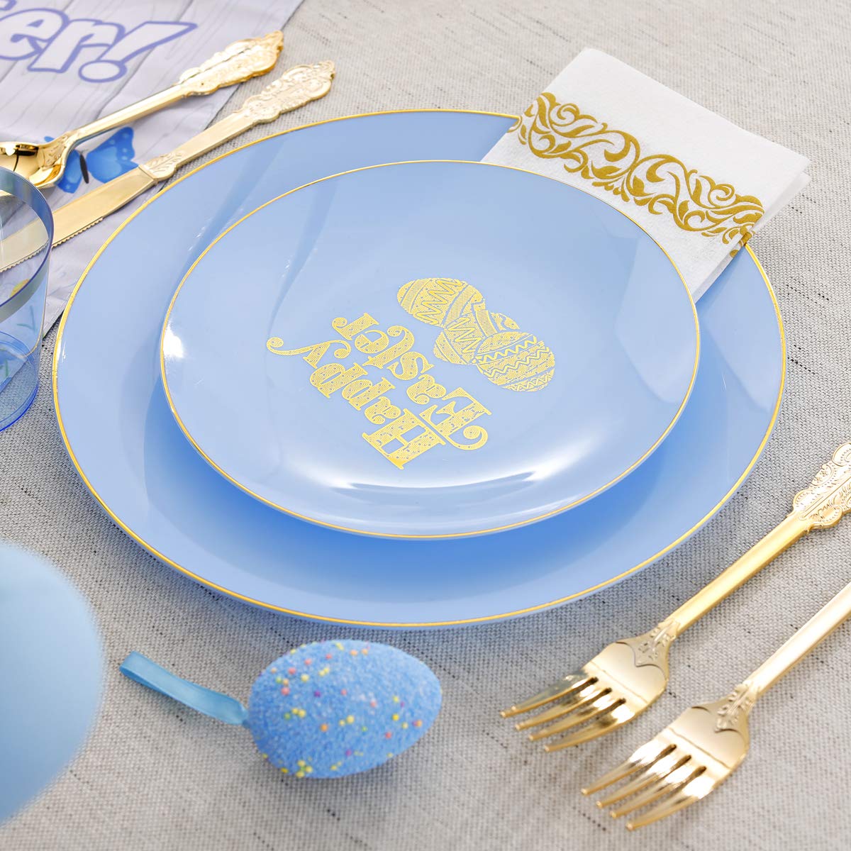 150-Piece Easter Party Tableware Set - Blue & Gold Disposable Plastic Plates, Cutlery & Cups for Easter Egg Hunt, Brunch, and Spring Celebrations