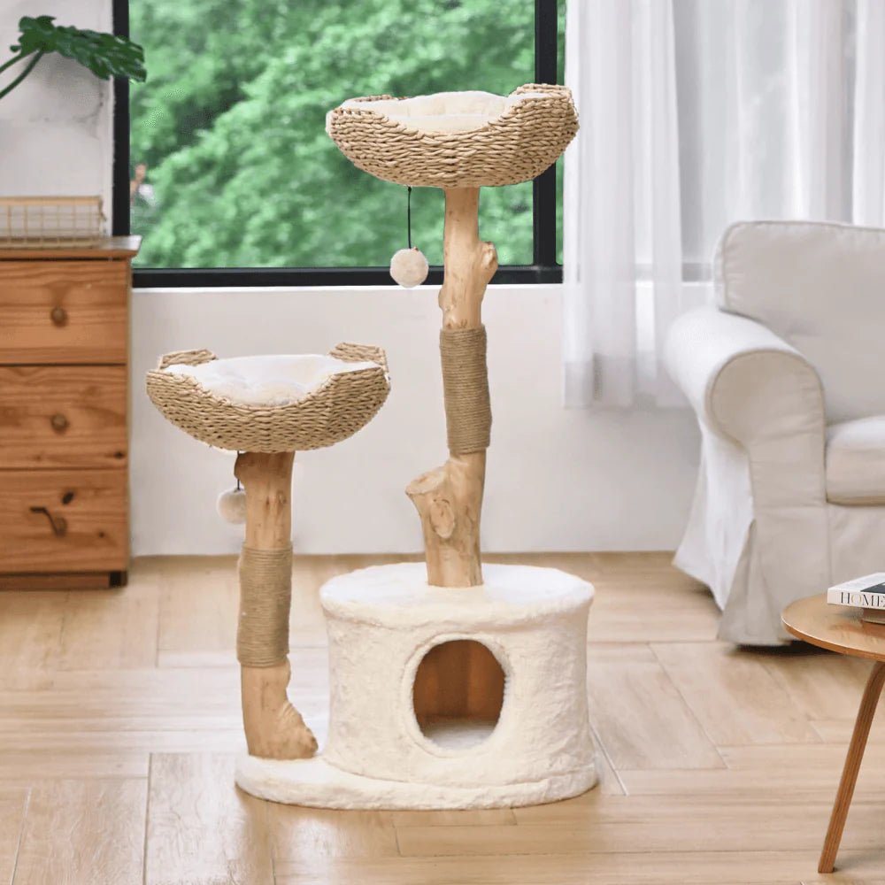 Premium Real Wood Cat Tree for Large Cats - Sturdy & Stylish Climbing Perch for Indoor Play, Scratching & Lounging - Perfect for Living Rooms, Bedrooms & Home Offices