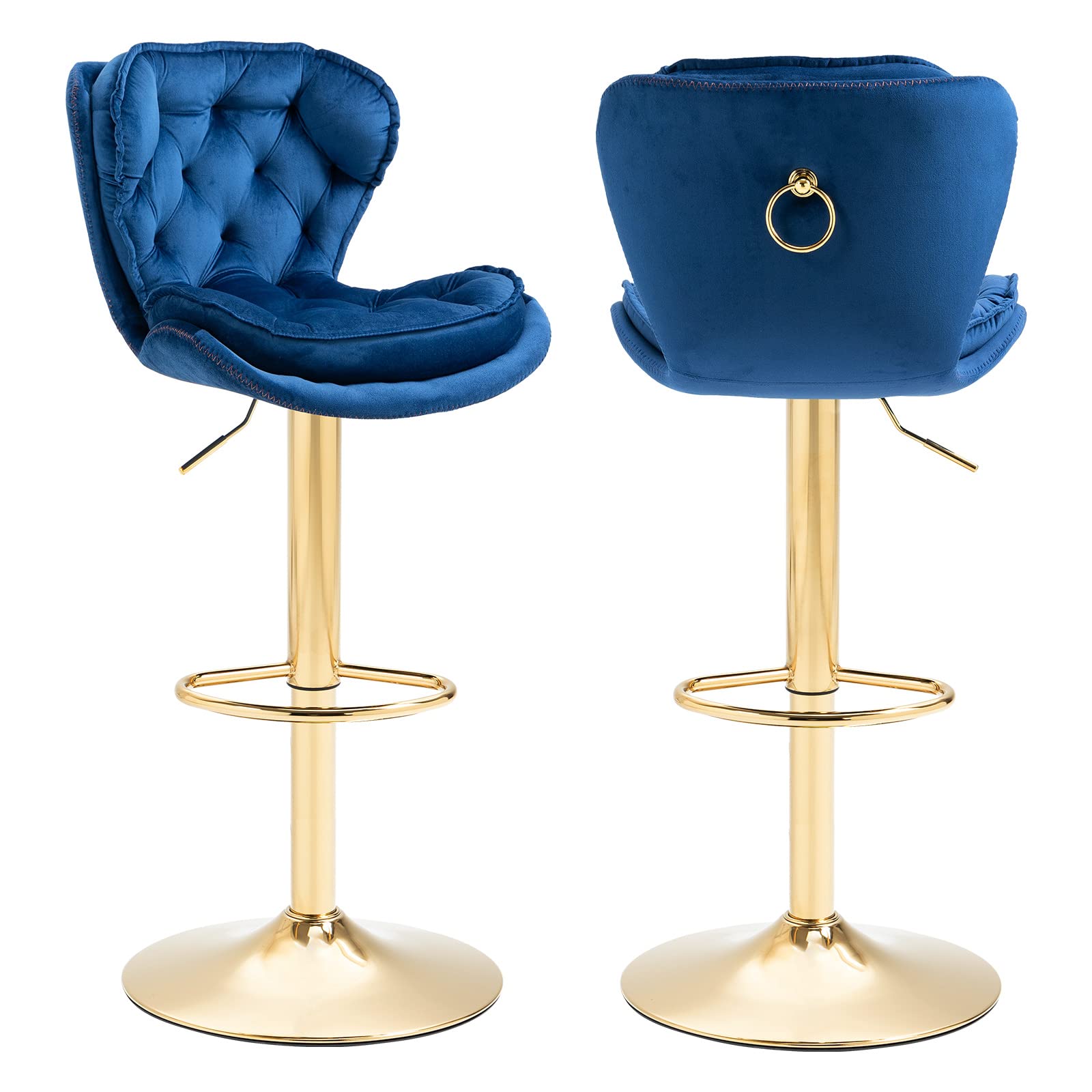 KINFFICT Set of 2 Velvet Adjustable Height Swivel Bar Stools - Modern Upholstered Counter Stools for Kitchen Island, Bar Counter, Dining Room & Cafe - Navy Blue - Perfect for Entertaining, Breakfast Nooks & Small Space Dining