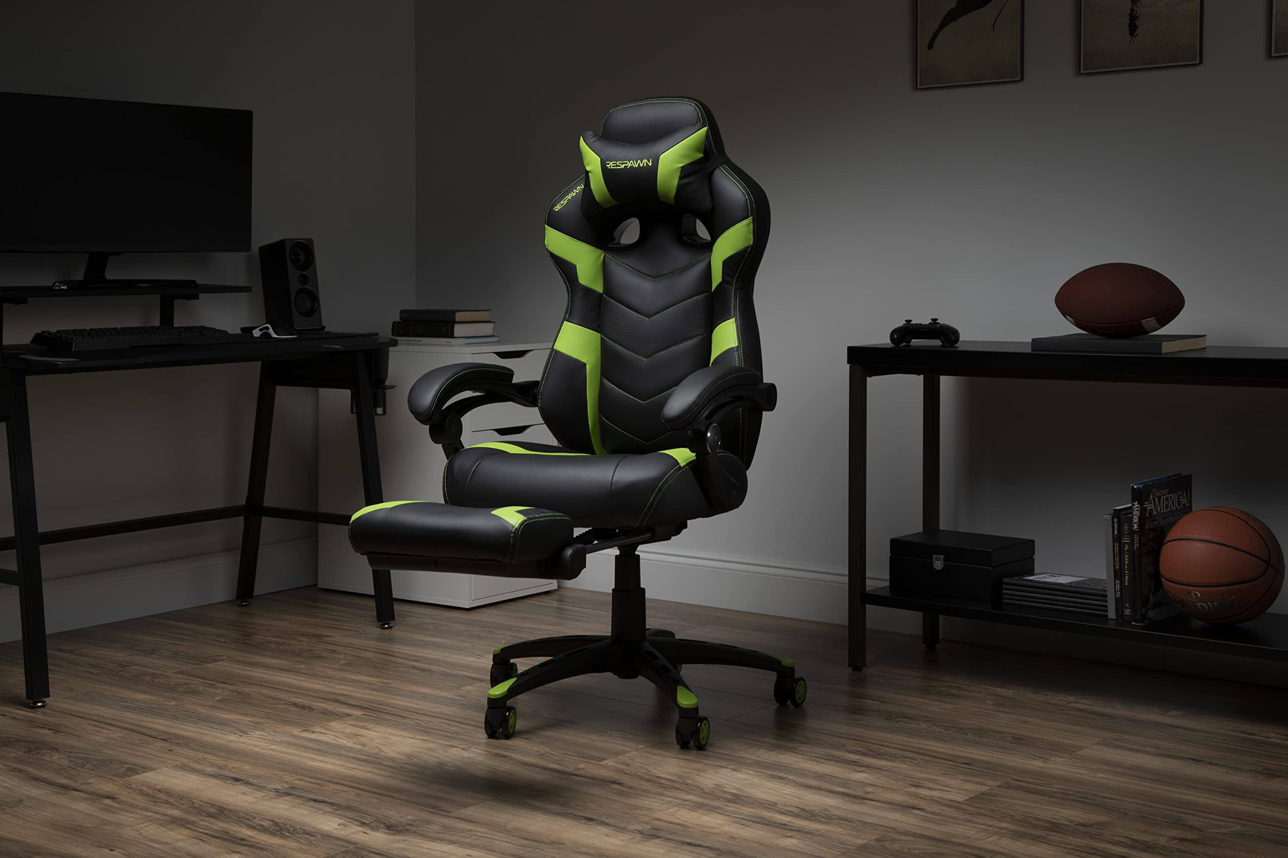 RESPAWN 110 Ergonomic Gaming Chair with Footrest Recliner - Racing Style High Back Office Chair for PC & Desk - 360° Swivel, Adjustable Lumbar Support & Headrest - Padded Armrests - Green (2021 Model) - Perfect for Gaming, Streaming & Home Office Workspace