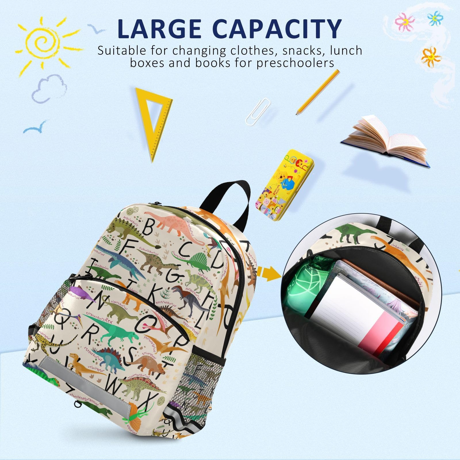 Dinosaur Alphabet Backpack for Toddlers & Kids - Cute Preschool Bookbag with Leash for Boys & Girls | School, Travel & Daycare Essentials - Perfect for Kindergarten, Elementary & Nursery Students