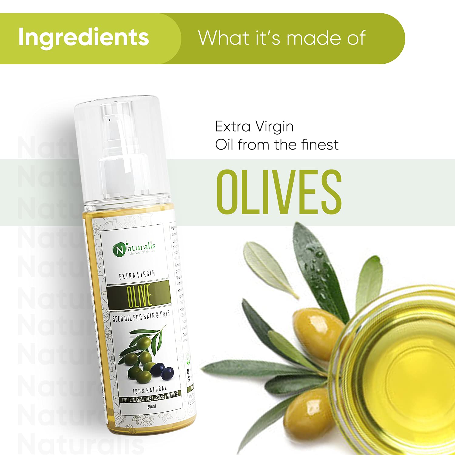Naturalis Essence of Nature Cold Pressed Extra Virgin Olive Oil - 100% Pure Carrier Oil for Hair, Skin, Face & Massage - 200ml - Nourishing & Moisturizing for Dry Skin, Hair Care & Aromatherapy