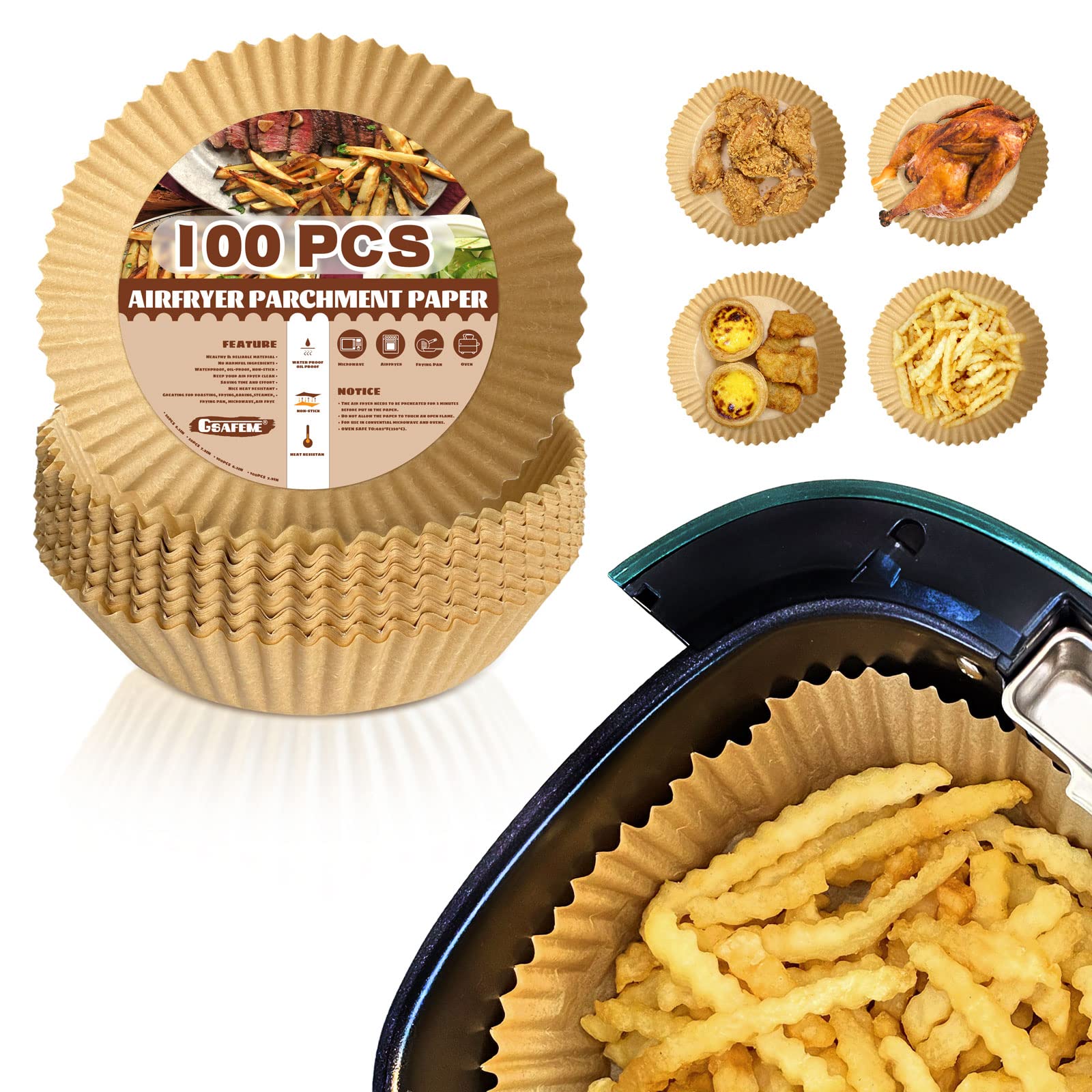 GSAFEME 100-Pack Disposable Air Fryer Liners - Non-Stick, Oil-Proof Parchment Paper for 3-5 QT Air Fryers | Food Safe Baking Sheets for Healthy Cooking | Perfect for Roasting, Baking & Reheating