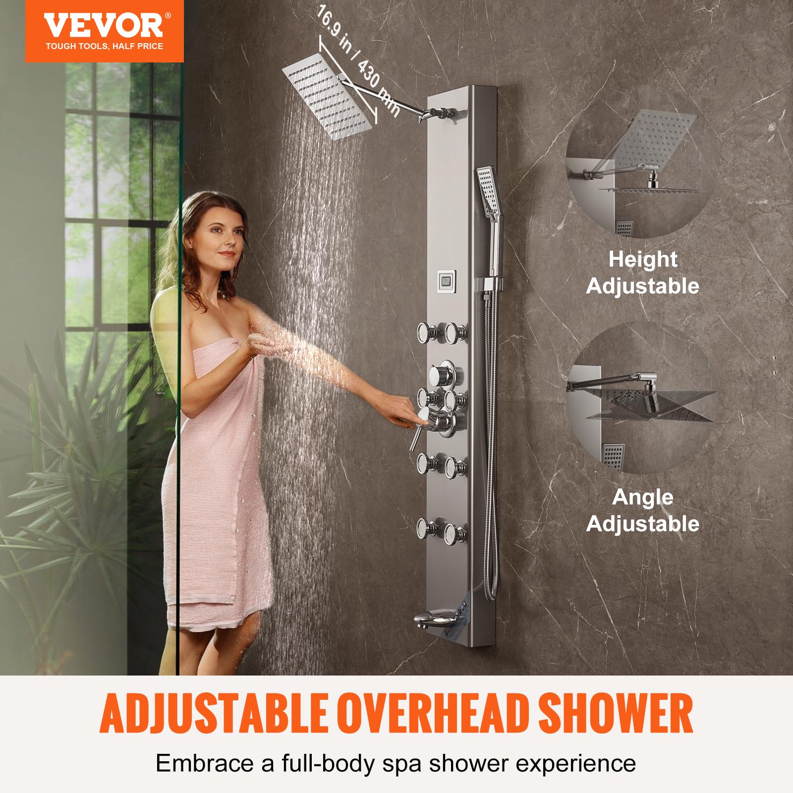 VEVOR Stainless Steel Shower Tower Panel with 5 Modes & Digital Display - Rainfall Shower, 8 Massage Jets, Tub Spout & 3-Setting Handheld Shower Head with 59
