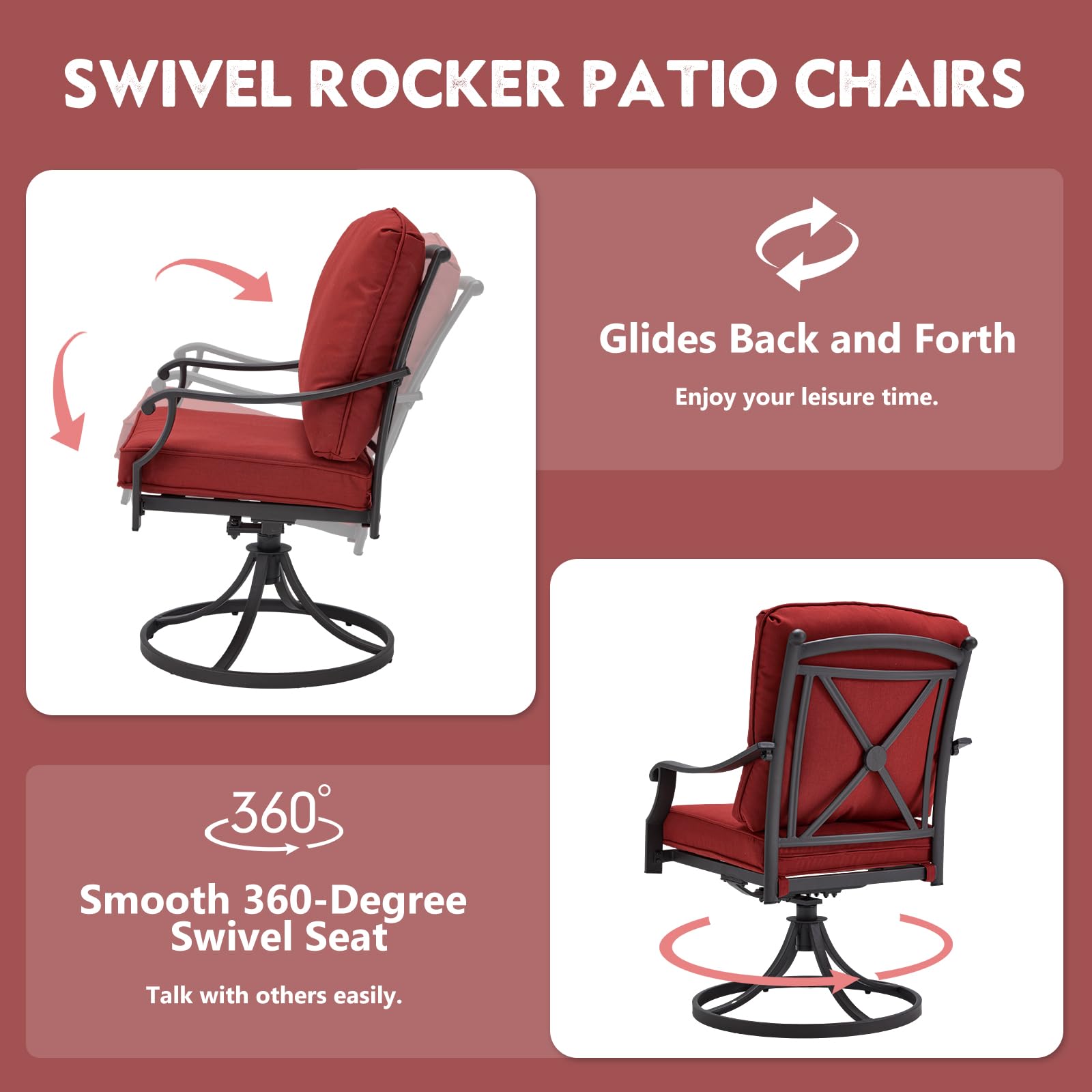 MELLCOM Heavy Duty Outdoor Swivel Dining Chairs Set of 2 with Thickened Cushions - Metal Patio Rocking Chairs for Garden, Lawn, Porch, Backyard & Poolside - Red (Perfect for Outdoor Entertaining, Relaxing & Dining)