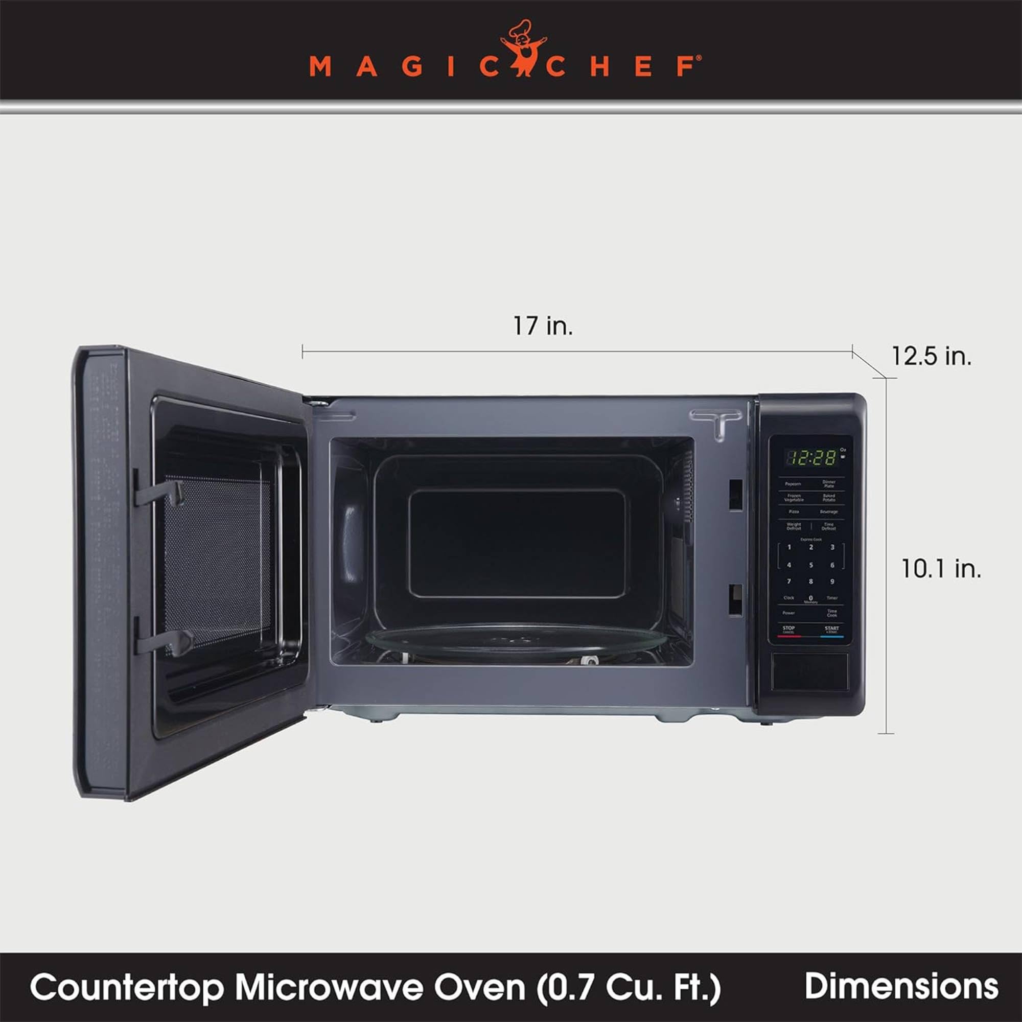 Magic Chef 0.9 Cu Ft 900W Compact Stainless Steel Countertop Microwave Oven - 6 Pre-Programmed Cooking Modes, Black | Perfect for Small Kitchens, Dorms, Offices & RVs