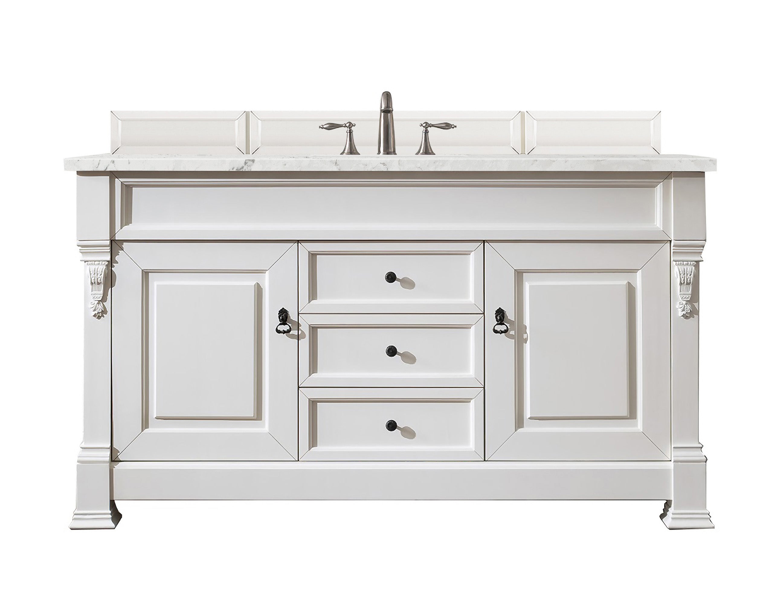 Brookfield 60 Inch Single Bathroom Vanity Set with Bright White Finish & 3CM Eternal Jasmine Pearl Quartz Countertop - Perfect for Modern Master Bathrooms & Guest Suites