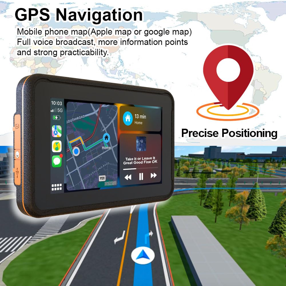 Motorcycle CarPlay Android Auto GPS Navigation System with Dual 1080p DVR Cameras, Bluetooth, WiFi, Waterproof Design & 1000mAh Battery - Handlebar Mount (Yellow) for Adventure Riding & Commuting