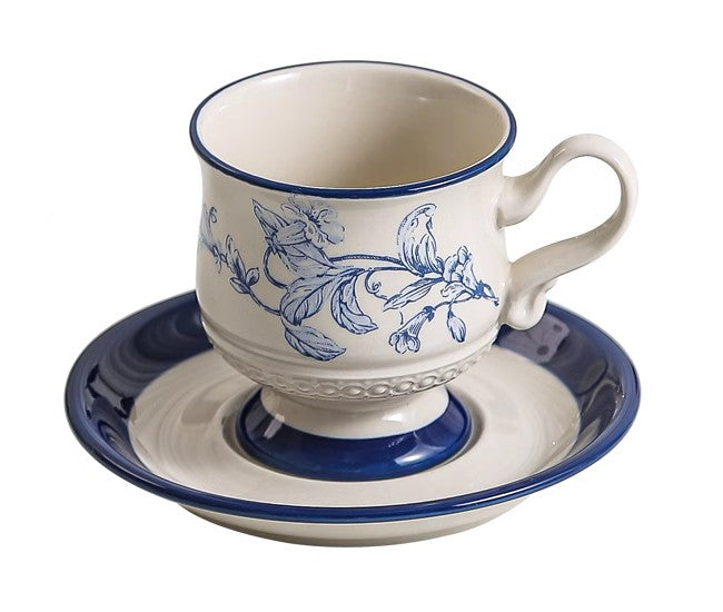 Elegant Ceramic Coffee Cup and Saucer Set - Blue Porcelain Tea Cups for Afternoon Tea, British Style - Perfect for Home, Office, and Gifts
