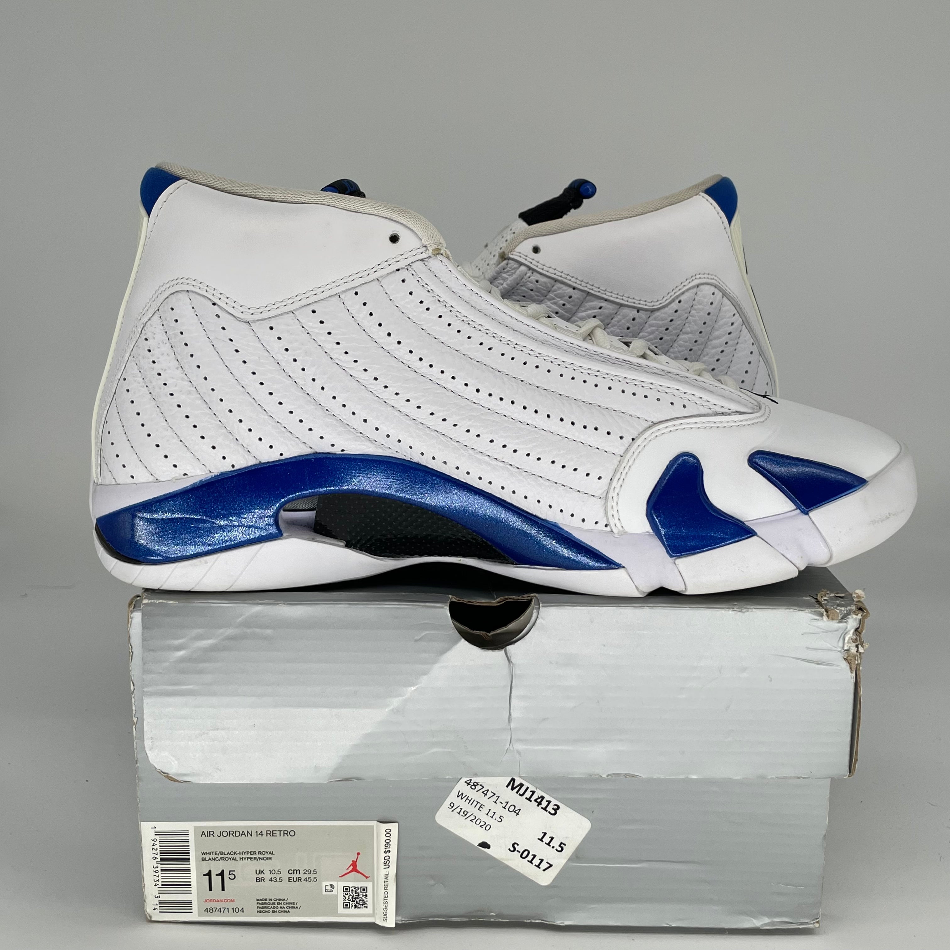 Original Title: AIR JORDAN 14 WHITE HYPER ROYAL SIZE 11.5 487471 104   Optimized Title: **Air Jordan 14 Retro Men's Basketball Shoes - White/Hyper Royal - Size 11.5 (487471-104) | Perfect for Streetwear & Court Performance**
