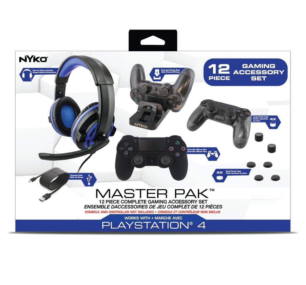 Nyko Master Pak for PlayStation 4 - Complete PS4 Accessory Kit with Wired Headset, Charge Dock, Controller Skins, Thumbstick Caps & Charging Cable - Essential Gaming Gear for PS4 Gamers - Perfect for Multiplayer Gaming, Late-Night Sessions & Competitive Play