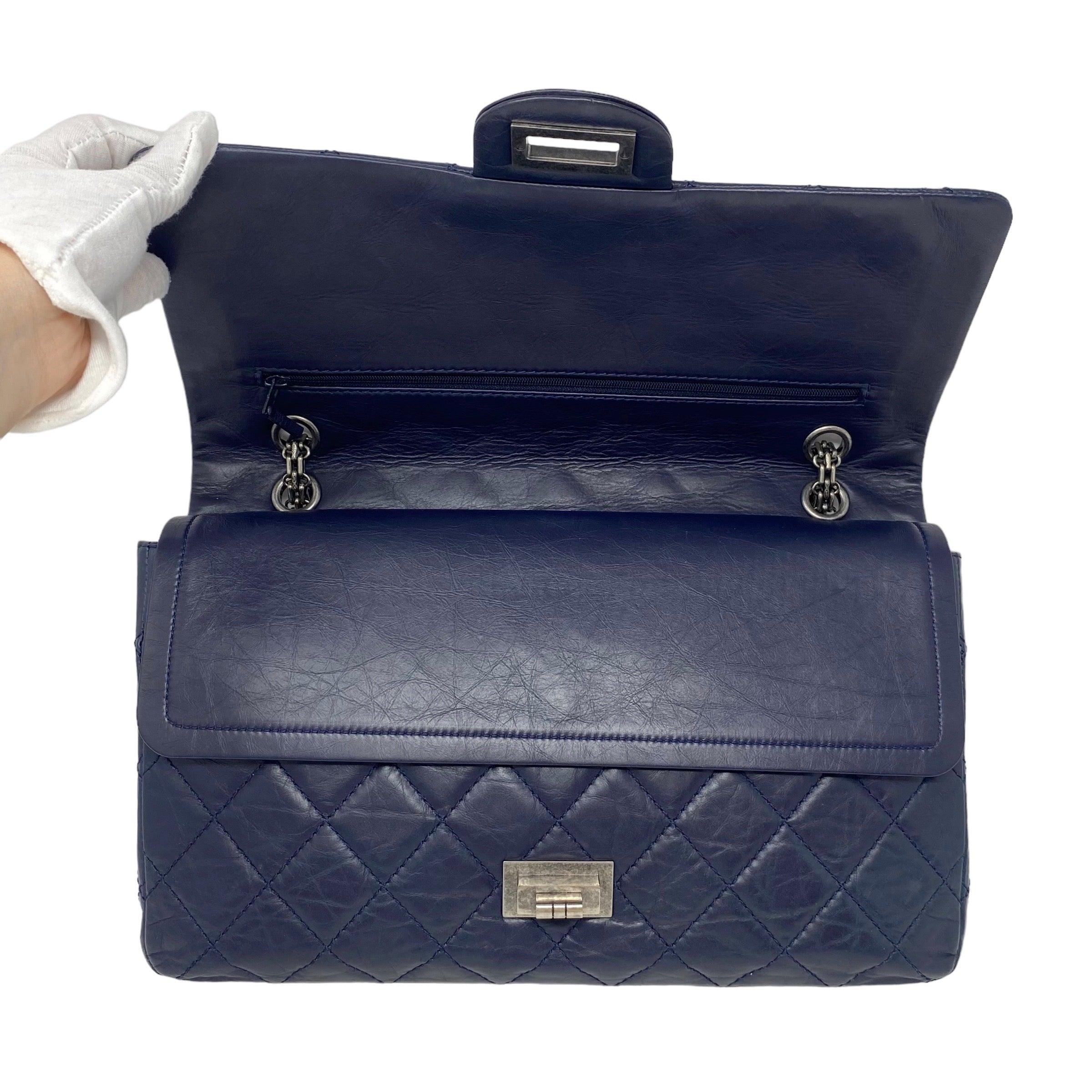 Chanel Navy Crinkled Calfskin 2.55 Reissue 227 Flap Bag - Luxury Designer Handbag for Women, Perfect for Evening Events & Special Occasions