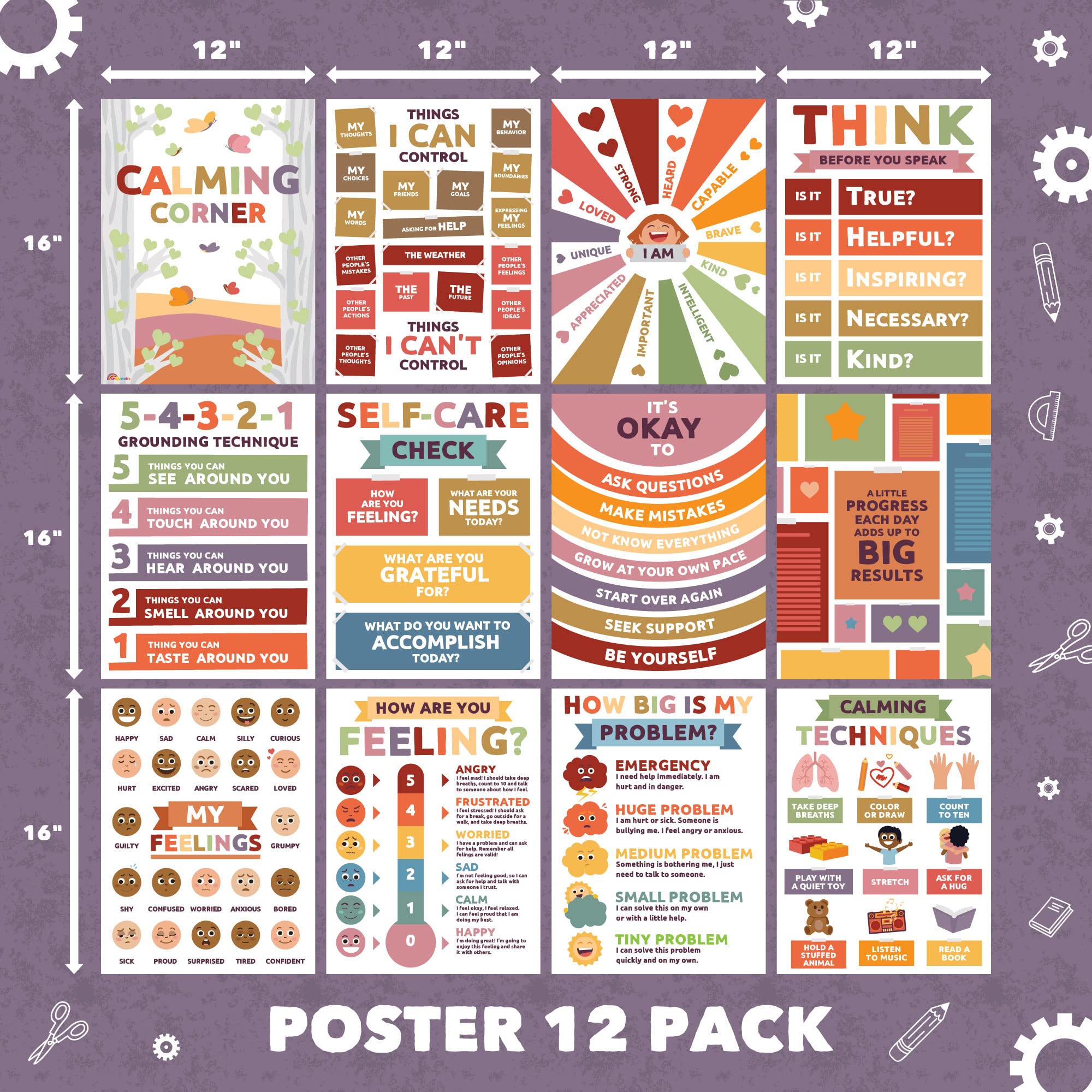 Calming Corner Posters - 12 Pack Neutral Classroom Decor for Elementary, Middle & High School | Educational Wall Art for Stress Relief & Mindfulness | Perfect for SEL Spaces, Counseling Offices & Quiet Zones