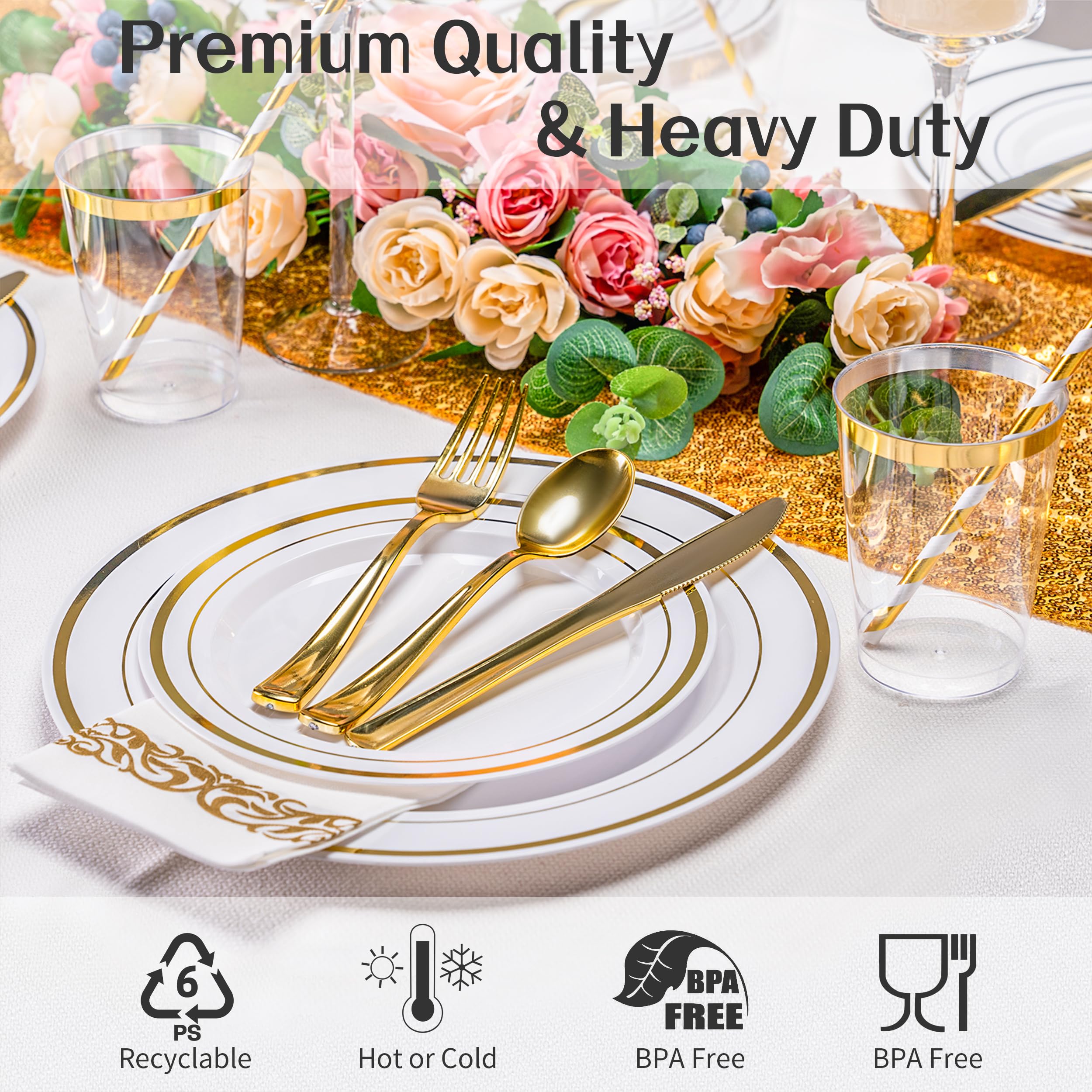 200-Piece Gold Dinnerware Set for 25 Guests - Heavy Duty Gold Rimmed White Plastic Disposable Plates, Cups, Silverware, Napkins & Straws - Elegant Wedding, Party & Event Tableware for Celebrations