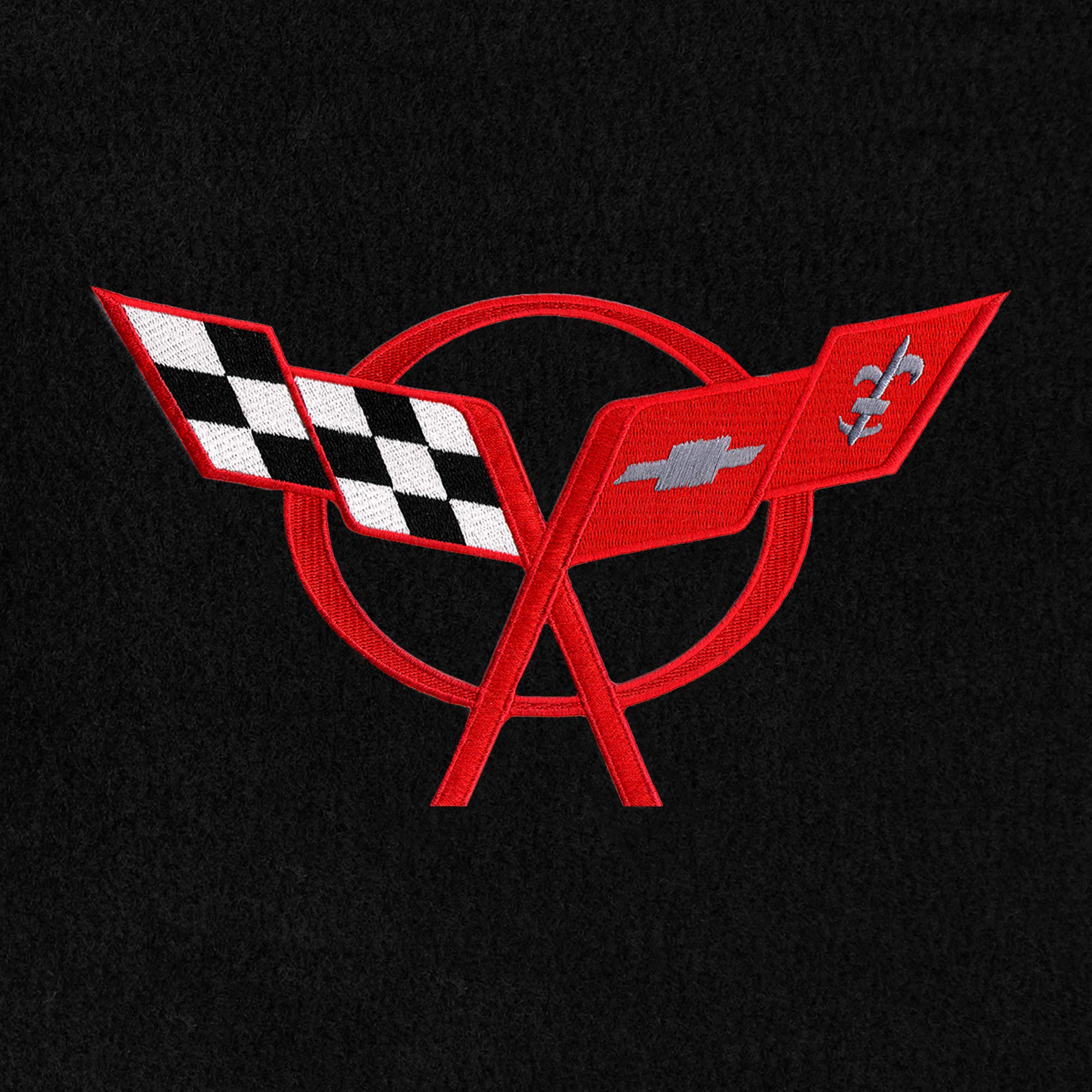 Premium Custom-Fit Carpeted Floor Mats for 1997-2004 Corvette C5 Coupe - Black with Red Flags Design | Luxury Car Floor Liners & Trunk Mat | Perfect for Daily Driving, Road Trips & Car Shows