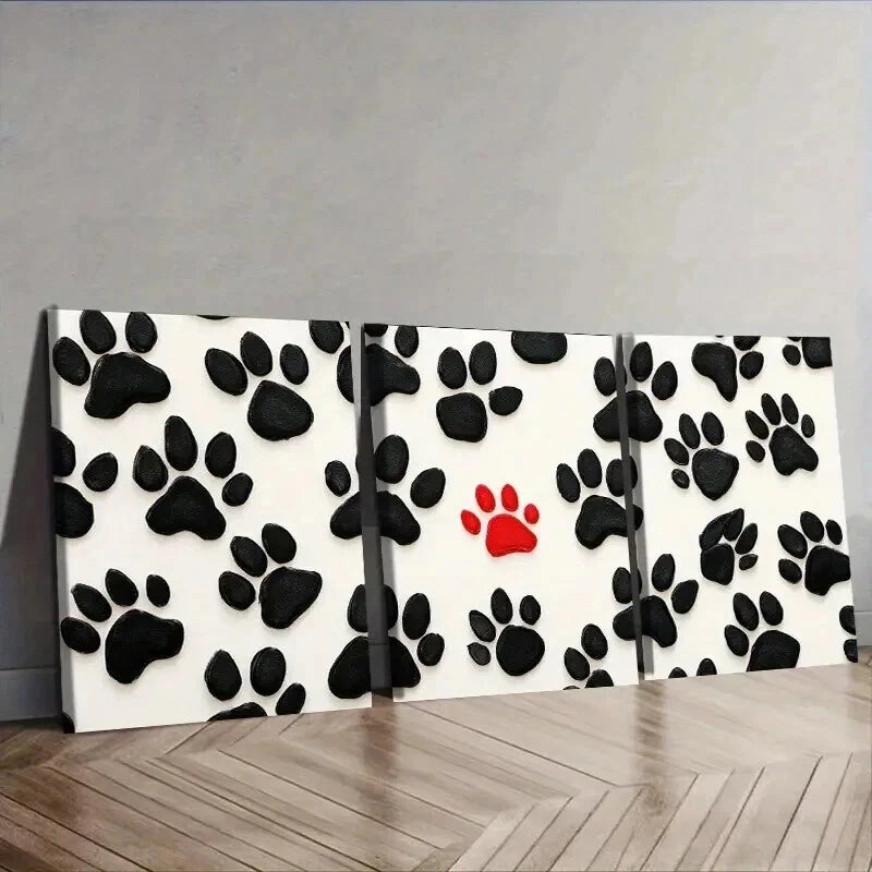 3-Piece Black & White Dog Paw Prints Wall Art Set with Red Accent - Framed Canvas 50x70cm - High Quality Print - 100% Australian Made - Ready to Hang - Perfect for Pet Lovers' Living Room, Bedroom or Office Decor