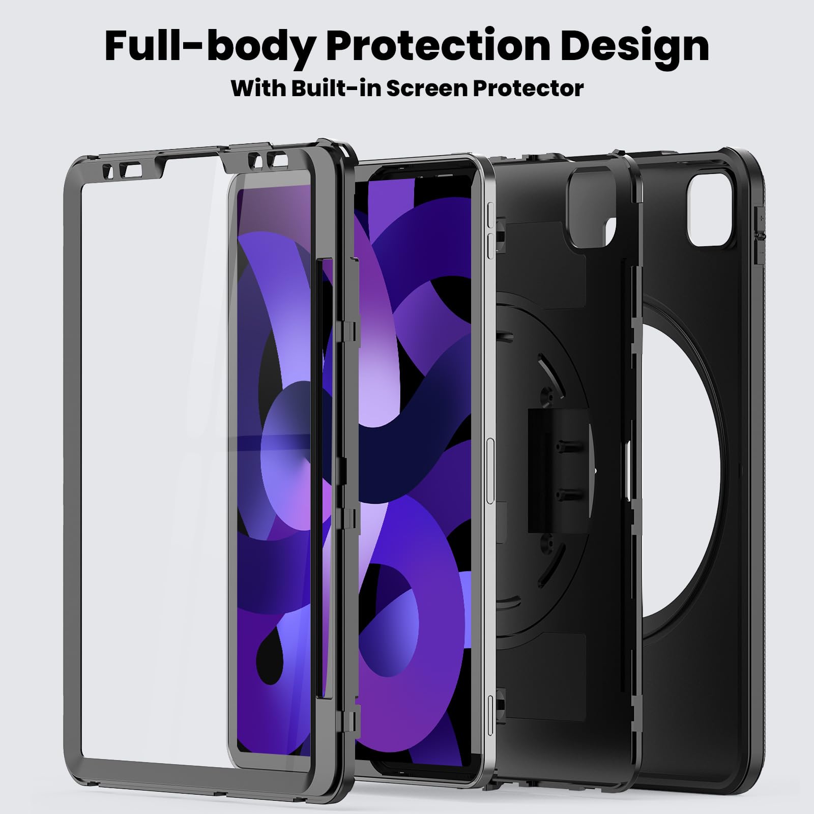 SEYMAC iPad Air 5th/4th Generation Case 10.9 Inch - Shockproof Protective Cover with Built-in Screen Protector, Rotating Stand, Hand/Shoulder Strap & Pencil Holder for iPad Air 5/Air 4 (Black) - Perfect for Work, Study, Travel and Entertainment