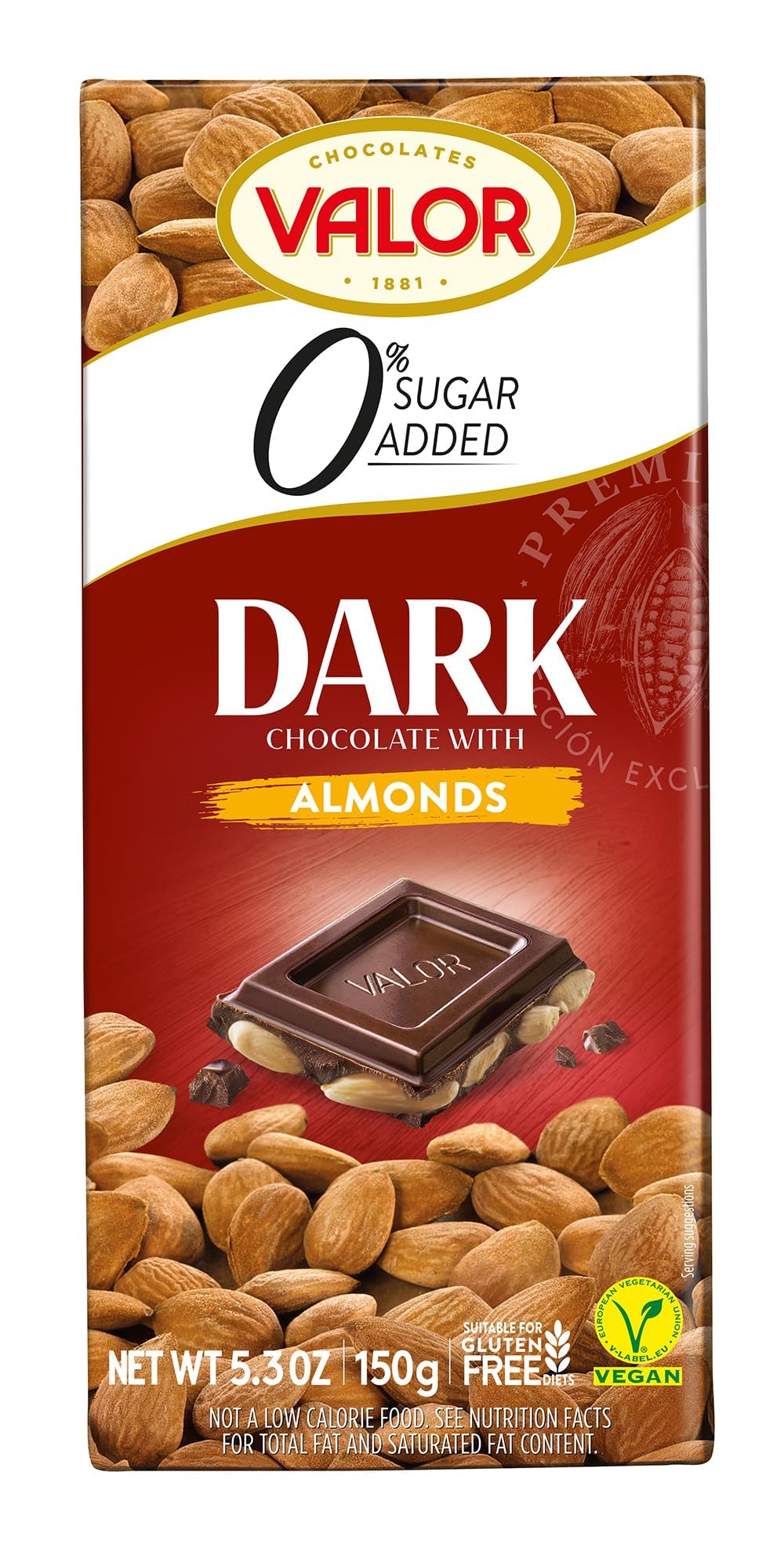 Valor Dark Chocolate with Mediterranean Almonds - Sugar Free, Low Carb, Keto Friendly - 150g (5.29oz) Pack of 14 - Perfect for Gifts, Snacking & Healthy Desserts