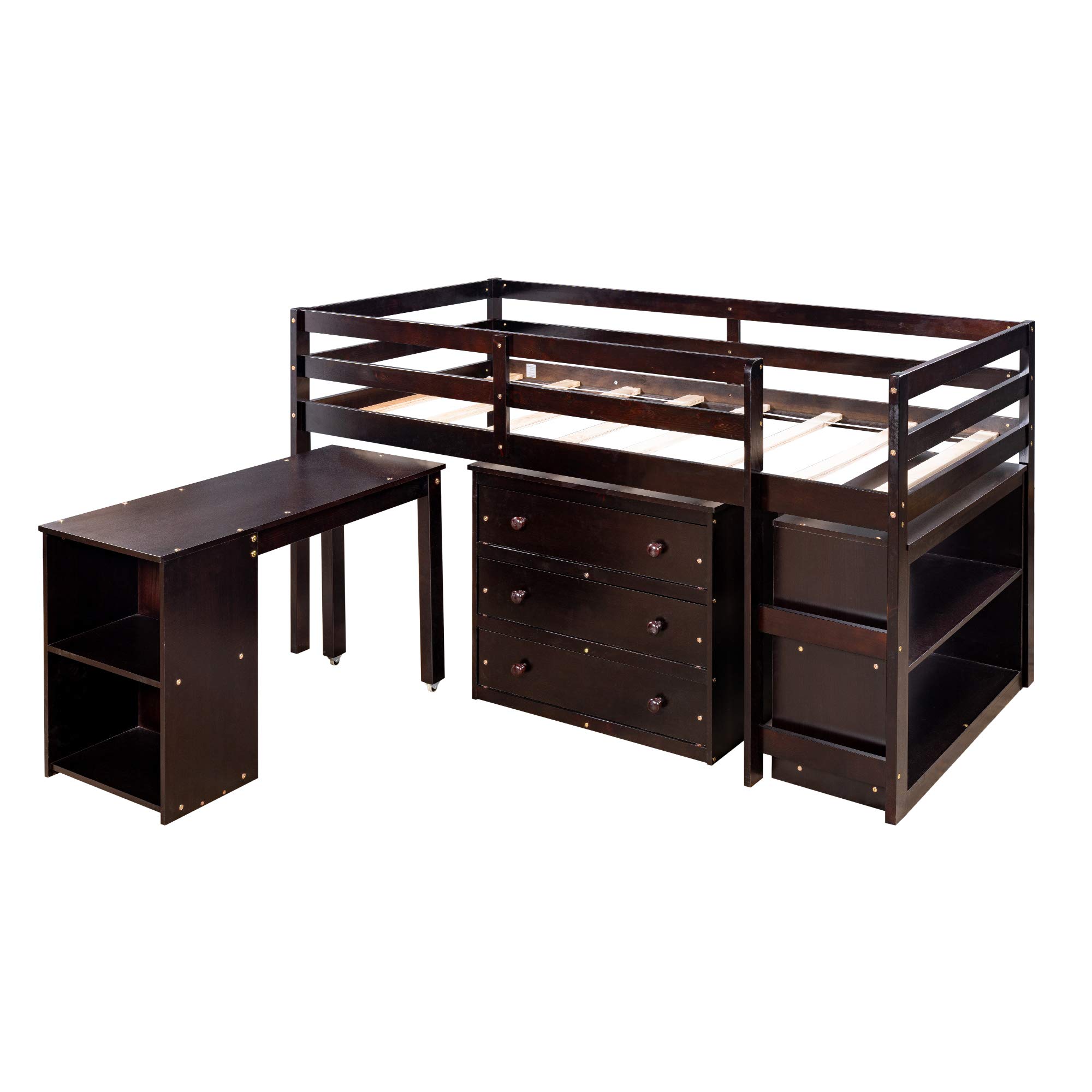 Solid Wood Twin Size Loft Bed with Cabinet & Rolling Desk - Kids & Teens Study Bedroom Furniture (Espresso) - Perfect for Small Spaces, Dorm Rooms & Shared Kids' Bedrooms