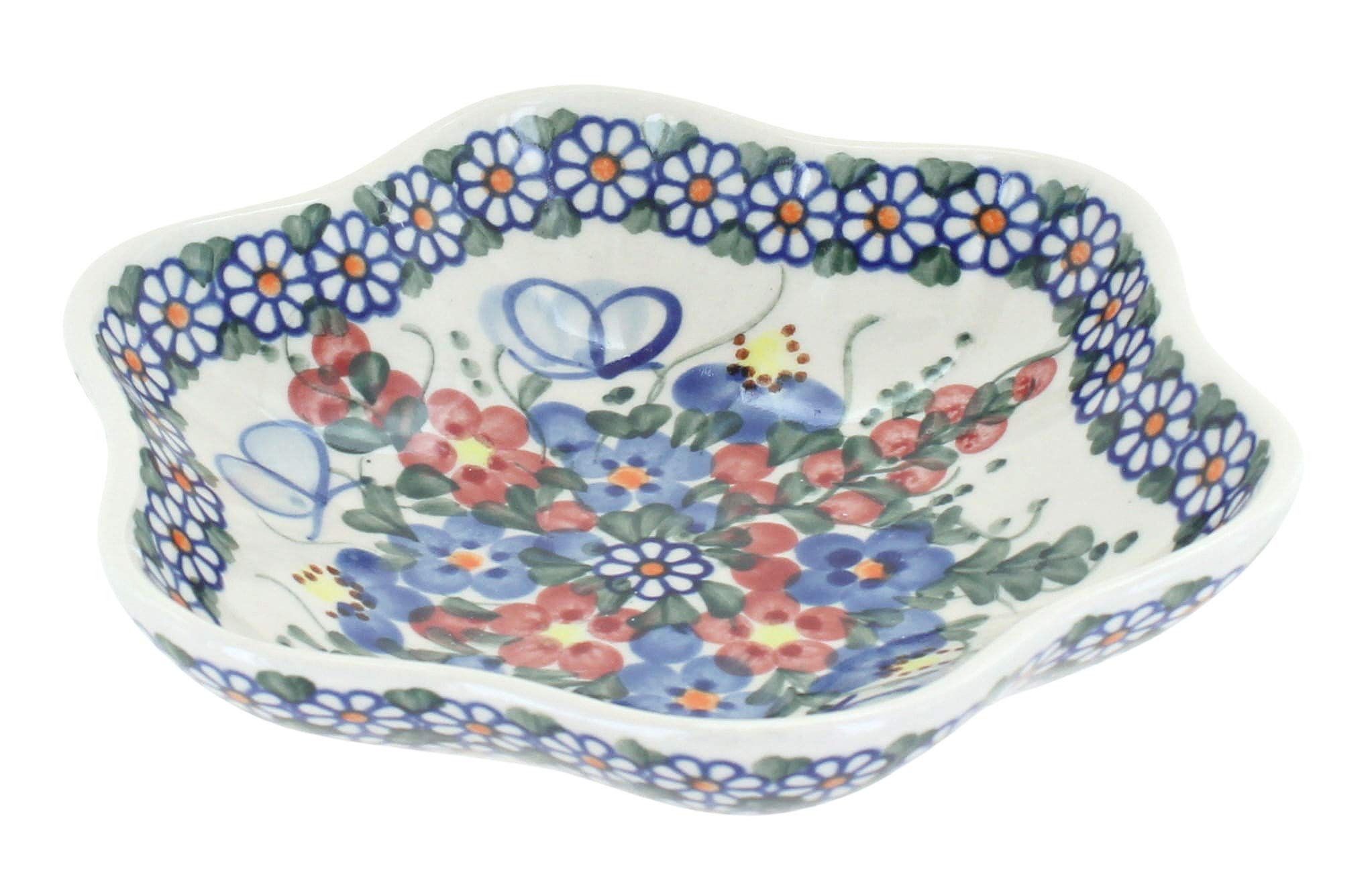 Handmade Blue Rose Polish Pottery Bowl - Small Daisy Butterfly Design for Garden Decor, Kitchen Serving, or Dining Table Centerpiece
