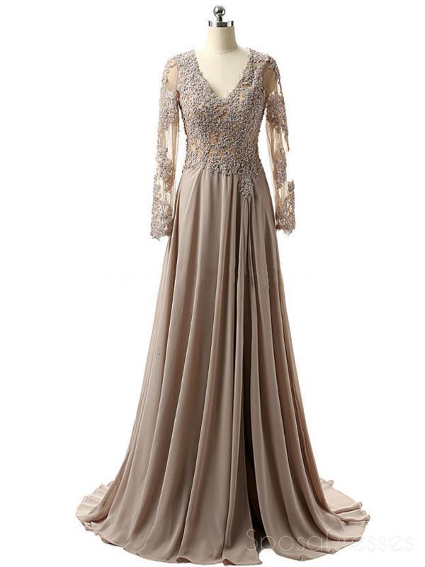 Elegant Grey Long Sleeve Lace Side Slit Prom Dress for Sweet 16, Evening Gown for Formal Events, Homecoming & Special Occasions - Style 18353