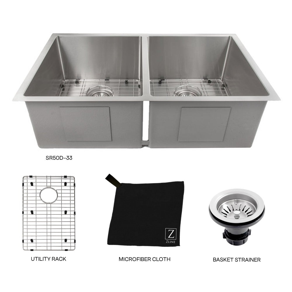 ZLINE Anton 33-Inch Undermount Double Bowl Stainless Steel Kitchen Sink with Bottom Grid (SR50D 33) - Perfect for Modern Kitchens, Dishwashing & Food Prep