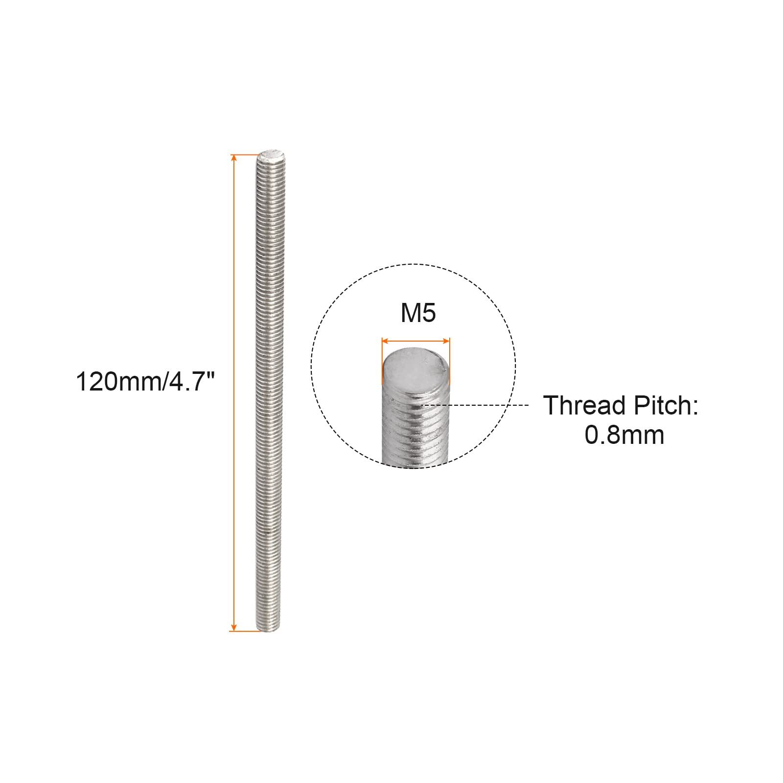 Stainless Steel Threaded Rod M5x120mm - 10 Pack for Clamps & U-Bolts