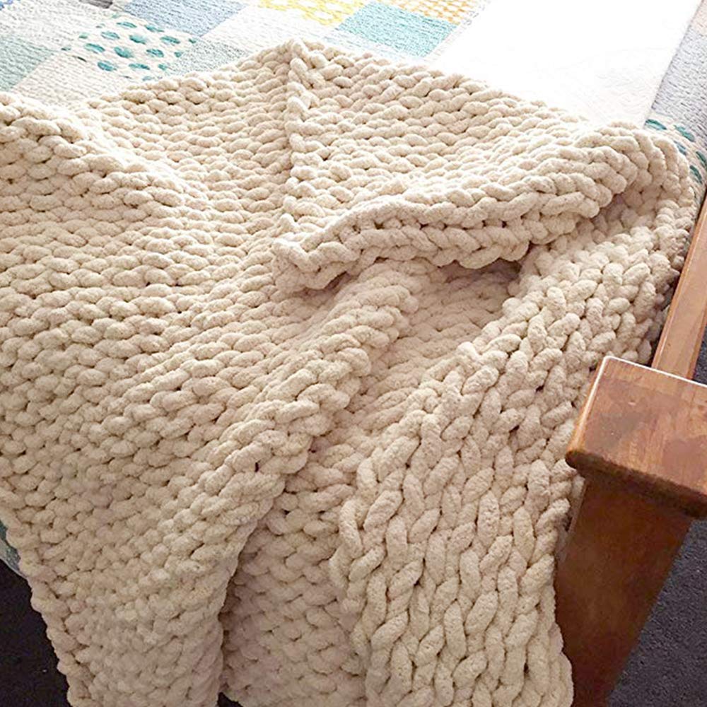Chunky Knit Blanket - Soft Warm Handmade Knitting Throw Blanket for Bedroom, Sofa & Living Room Decor - Cozy Home Accessory for Winter Nights (Beige, 47x60 inches/120x150cm) - Perfect for Netflix Binges & Reading Nooks