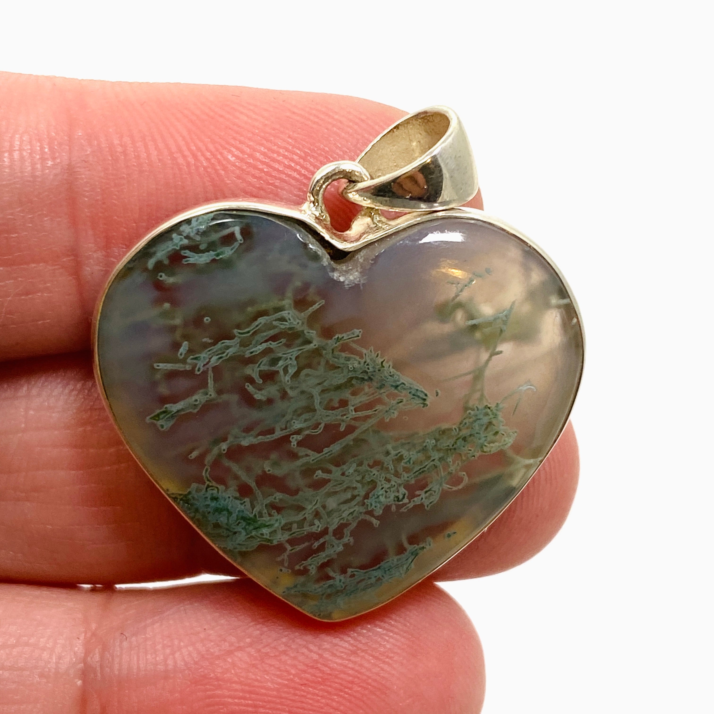 Natural Moss Agate Heart Cabochon Pendant Necklace - 925 Sterling Silver Jewelry for Women - Perfect for Valentine's Day, Anniversary & Spiritual Healing Gifts