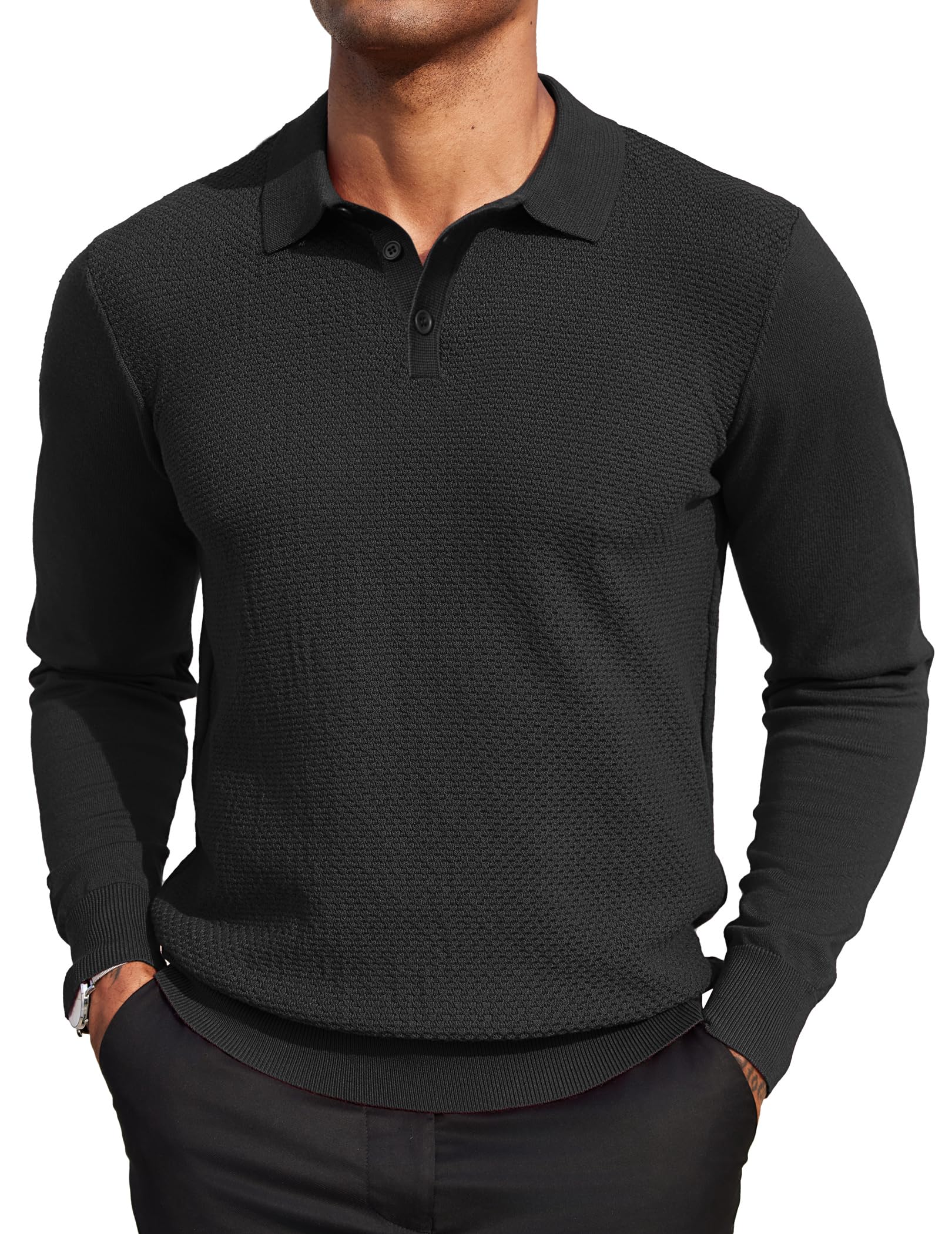 COOFANDY Men's Long Sleeve Knit Polo Sweater - Casual Quarter Button Collared Shirt with Waffle Texture for Golf, Office & Fall Outfits | Warm & Stylish Pullover for Business Casual & Weekend Wear