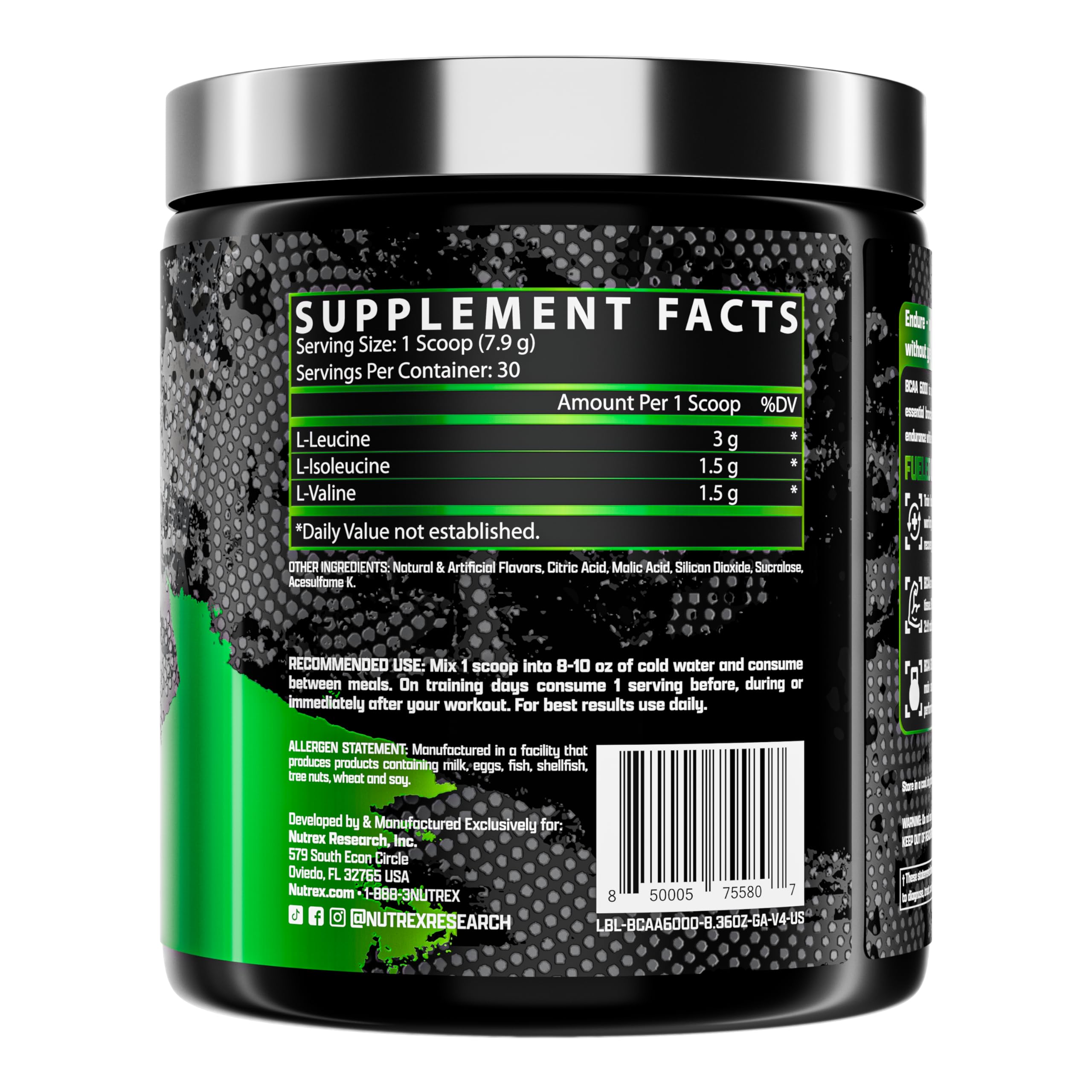 Nutrex Research BCAA Powder 6000 - 6g Branched Chain Amino Acids Supplement for Muscle Recovery & Growth - Post Workout Energy Drink with Green Apple Flavor (30 Servings) - Ideal for Gym, Fitness & Athletic Performance