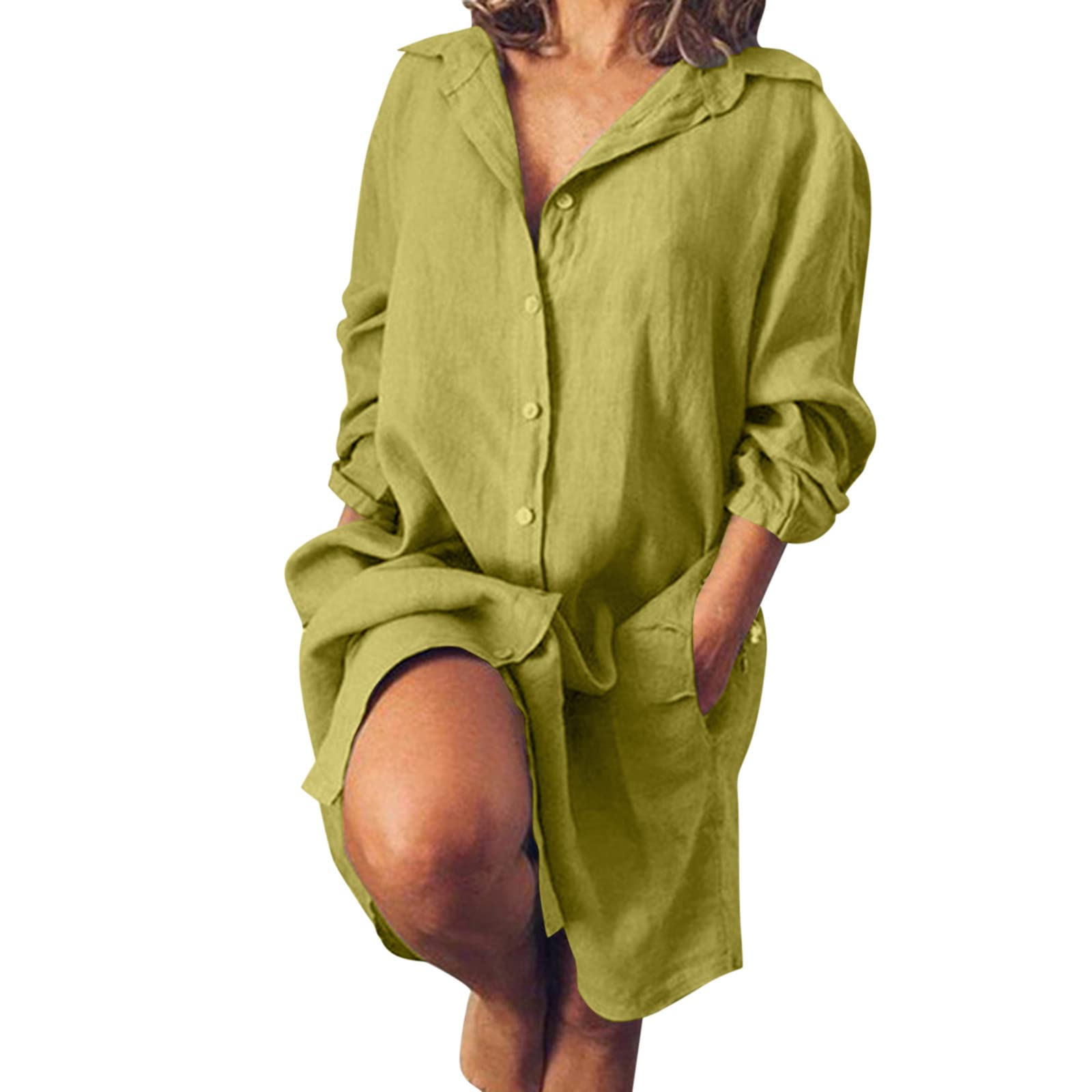 Women's Cotton Linen Shirt Dress - Casual Loose Maxi Dress with Pockets | Summer Beach Cover Up, Vacation Outfit, Boho Chic Style