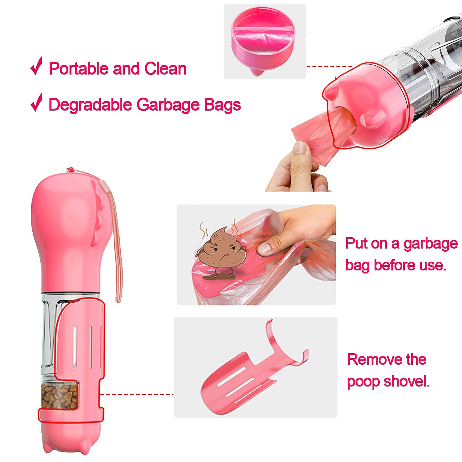 10oz Leak-Proof Portable Dog Water Bottle with Food Container & Waste Bag - Pink Pet Travel Accessories for Hiking, Walking & Outdoor Adventures