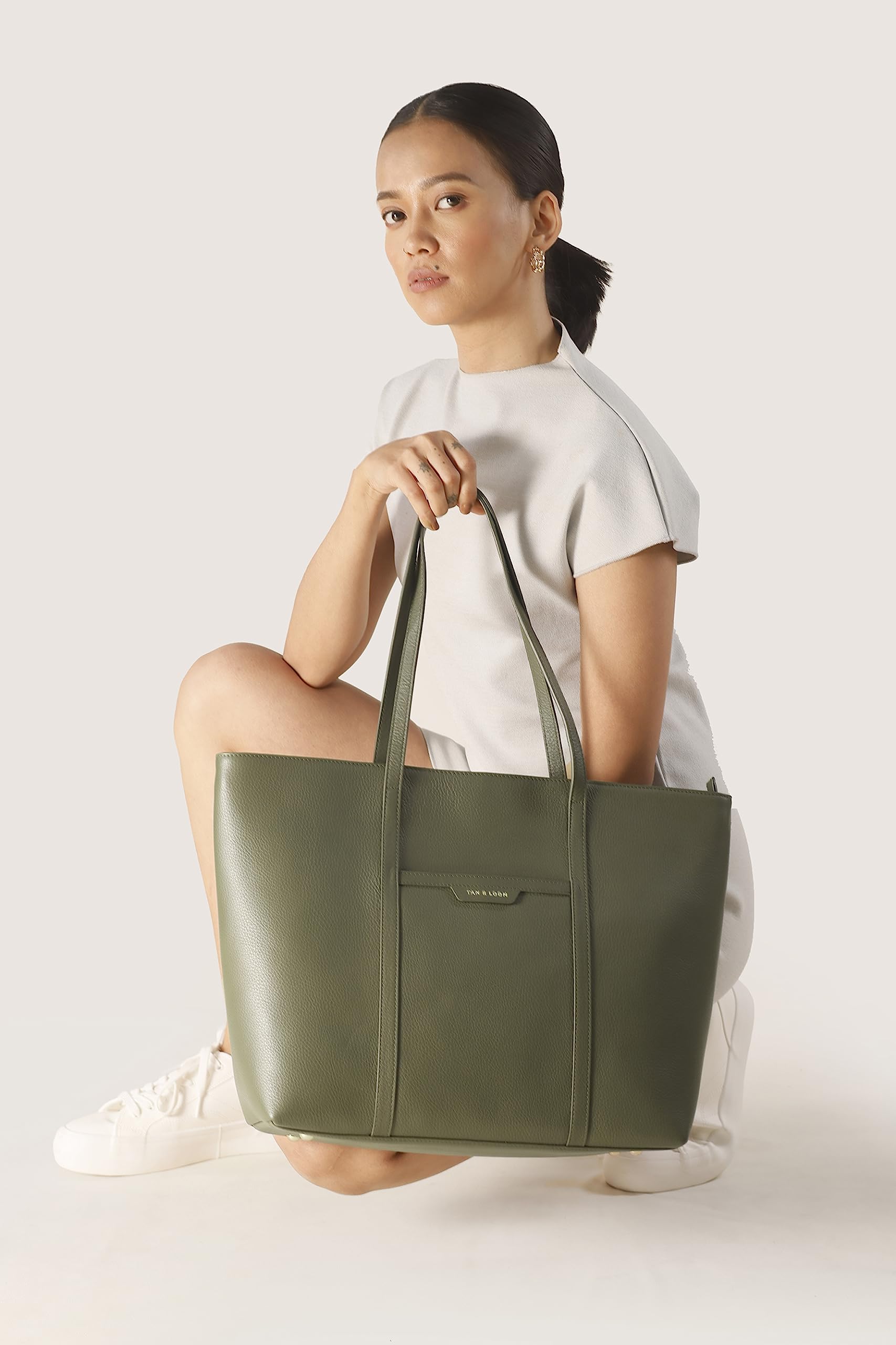 Tan & Loom Genuine Leather Tote Bag for Women - Large Olive Long Handle Work Bag - Perfect for Office, Travel & Everyday Use