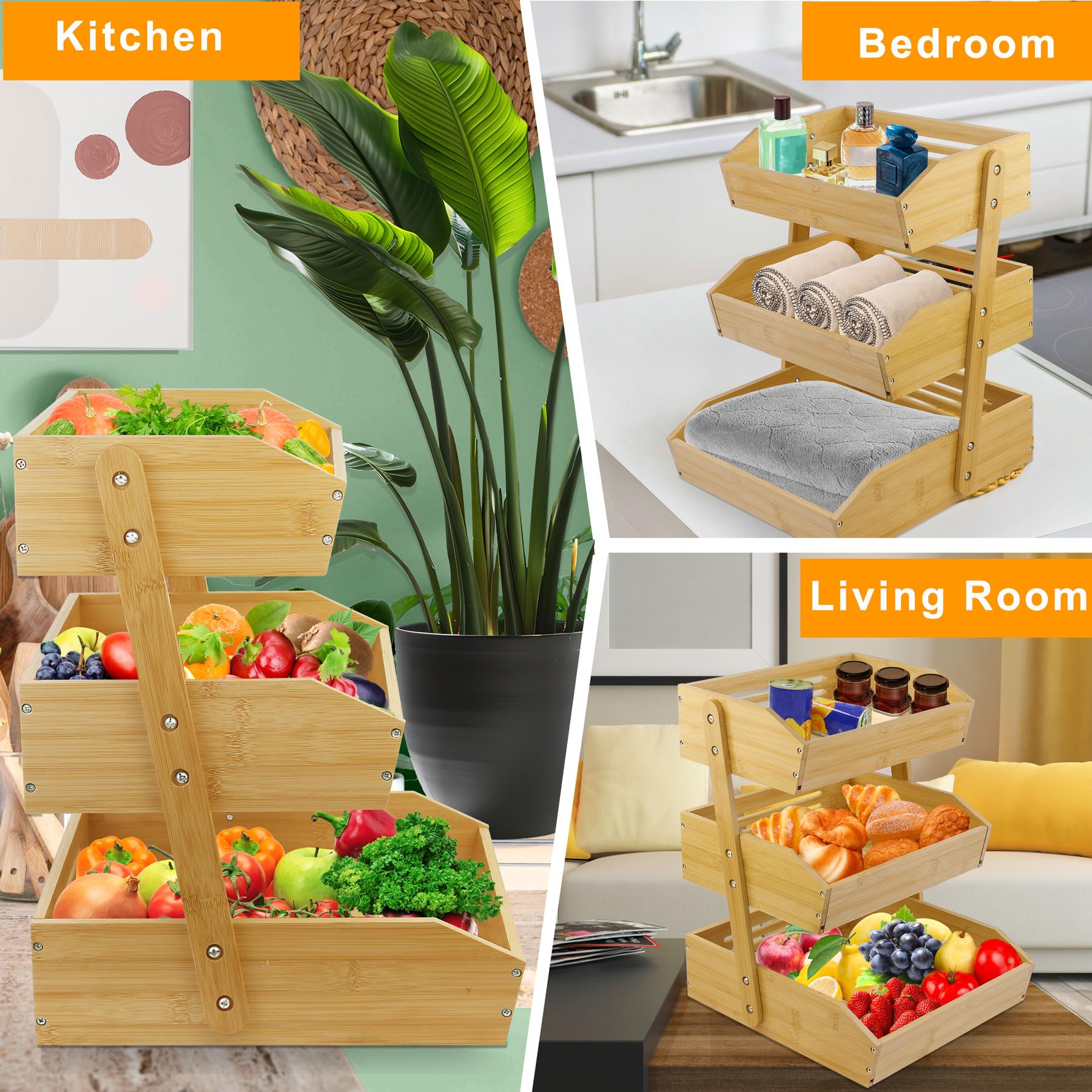3-Tier Bamboo Fruit Basket Stand for Kitchen Counter - Large Fruit & Vegetable Storage Bowl, Display Rack for Fresh Produce - Perfect for Kitchen Organization, Pantry Storage & Healthy Snack Display