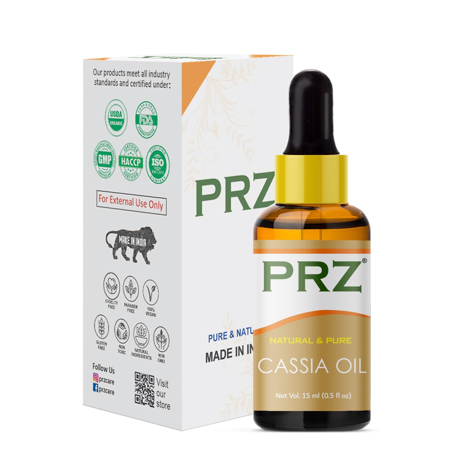 PRZ Pure Natural Cassia Essential Oil for Skin Care & Hair Care - 15ml Bottle, Aromatherapy, Massage & DIY Beauty Recipes