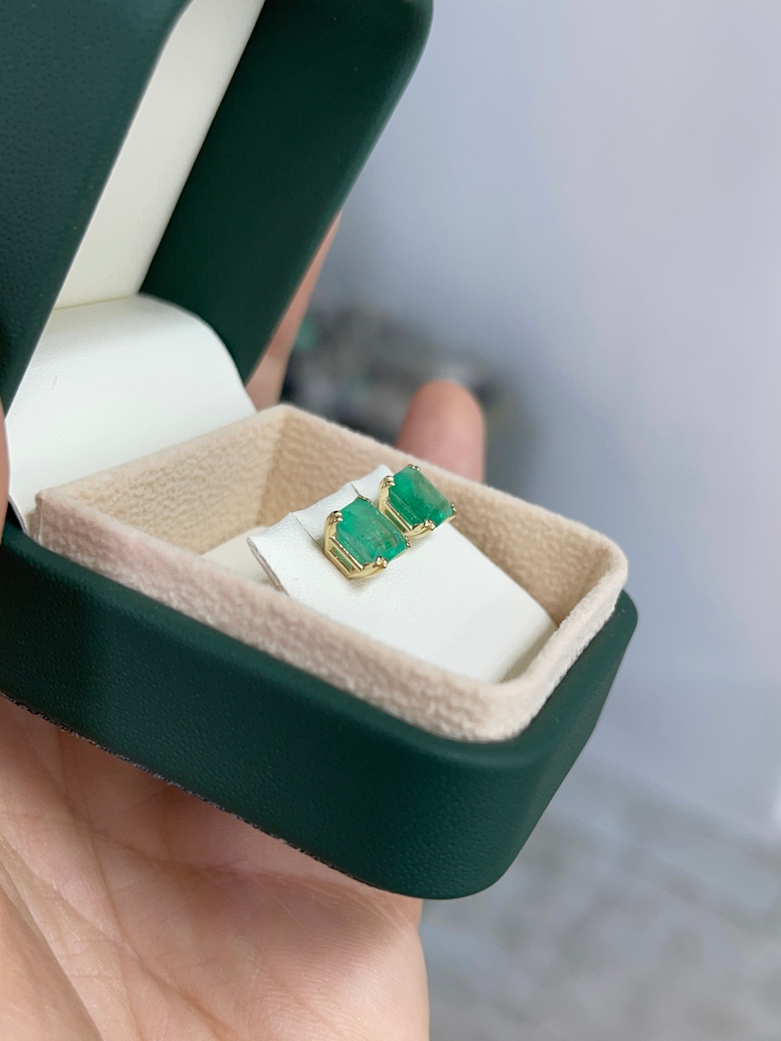2.45tcw 7x7 Earthy Natural Asscher Cut Colombian Emerald Double Prong Stud Earrings in 14K Gold – Perfect for Weddings, Parties & Everyday Elegance