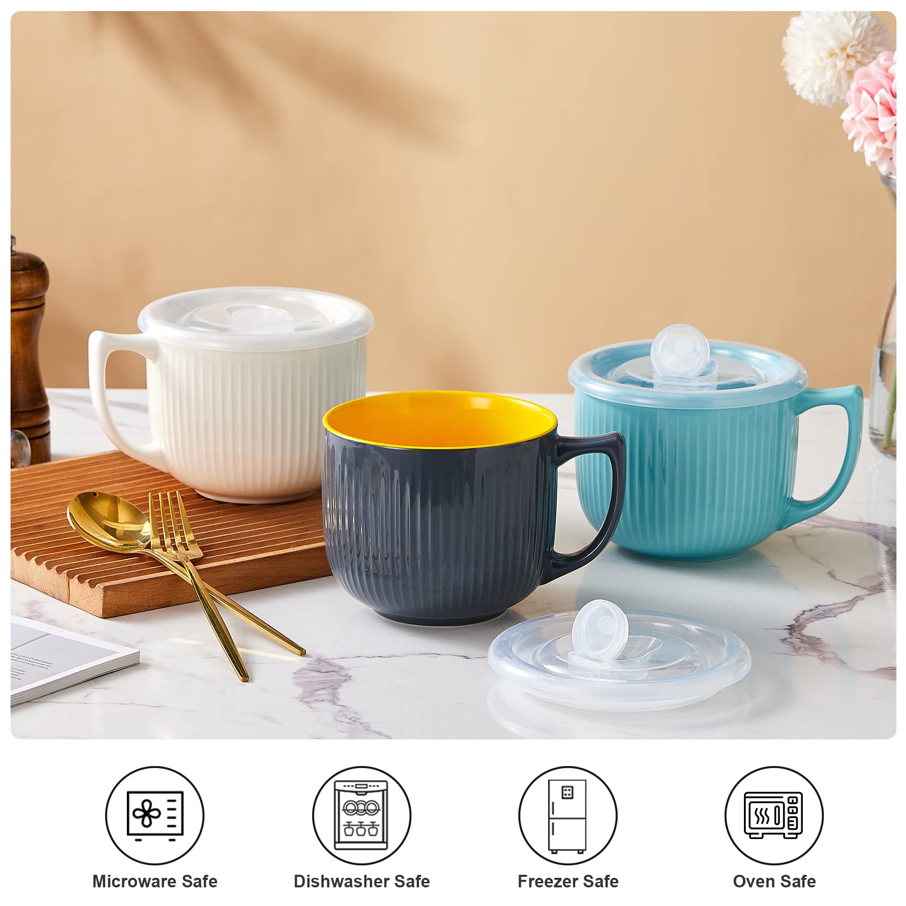 Premium 32oz Ceramic Soup Bowls with Handles & Vented Lid - Large Wide Soup Mugs for Ramen, Pasta, Salad & Cereal - Microwave & Dishwasher Safe - Perfect for Family Dinners, Meal Prep & Restaurant Use - Set of 2 (White)