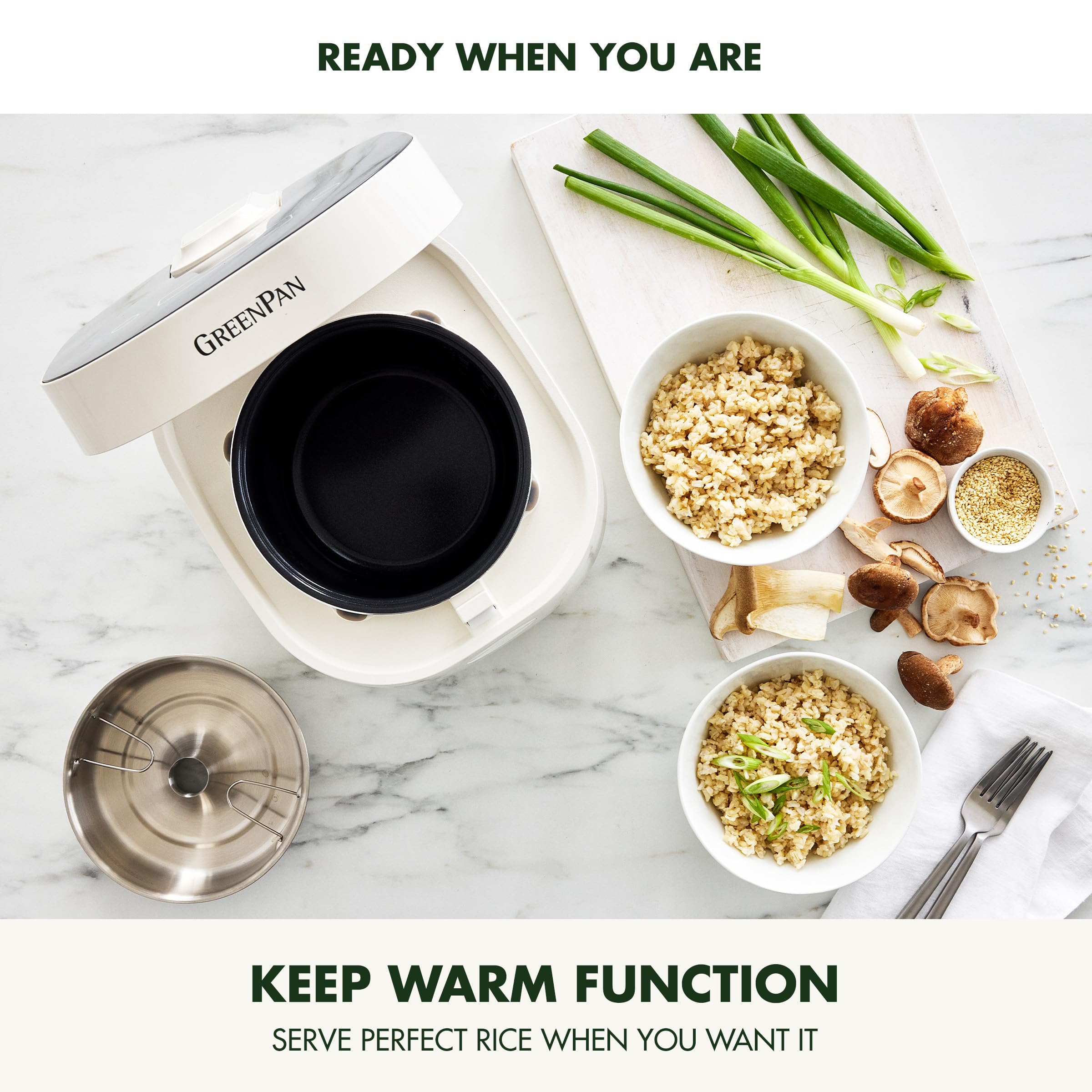 GreenPan Nonstick Electric Rice Cooker - 4 Cups Uncooked (8 Cooked) Capacity, 10 Preset Programs with LED Display, PFAS-Free Ceramic Coating, Delay Timer & Cool-Touch Exterior - Perfect for Healthy Meals, Meal Prep & Family Dinners - White