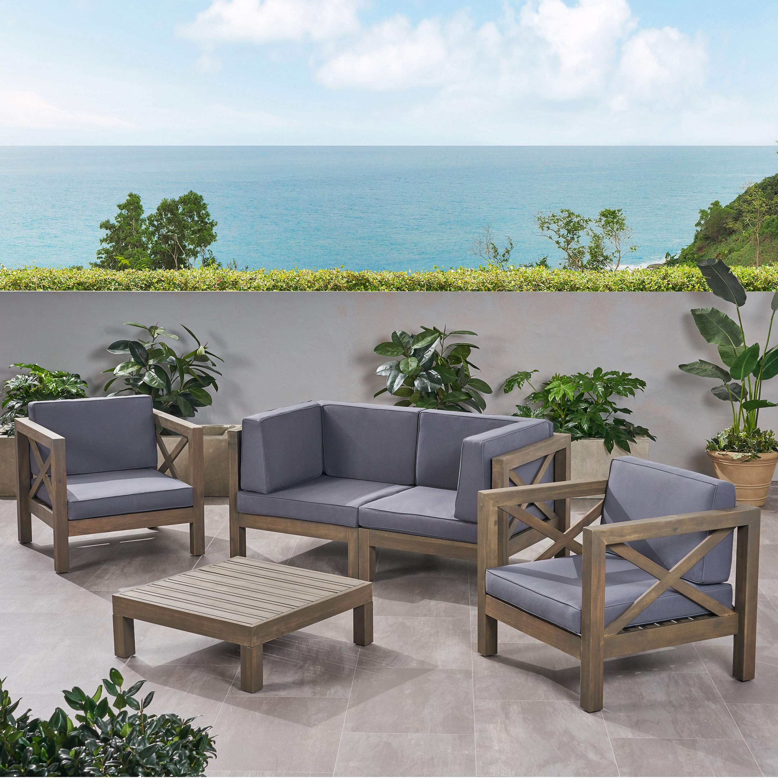 Noble House Brava 5-Piece Outdoor Acacia Wood Loveseat Set in Gray - Durable Patio Furniture for Garden, Poolside & Backyard Relaxation