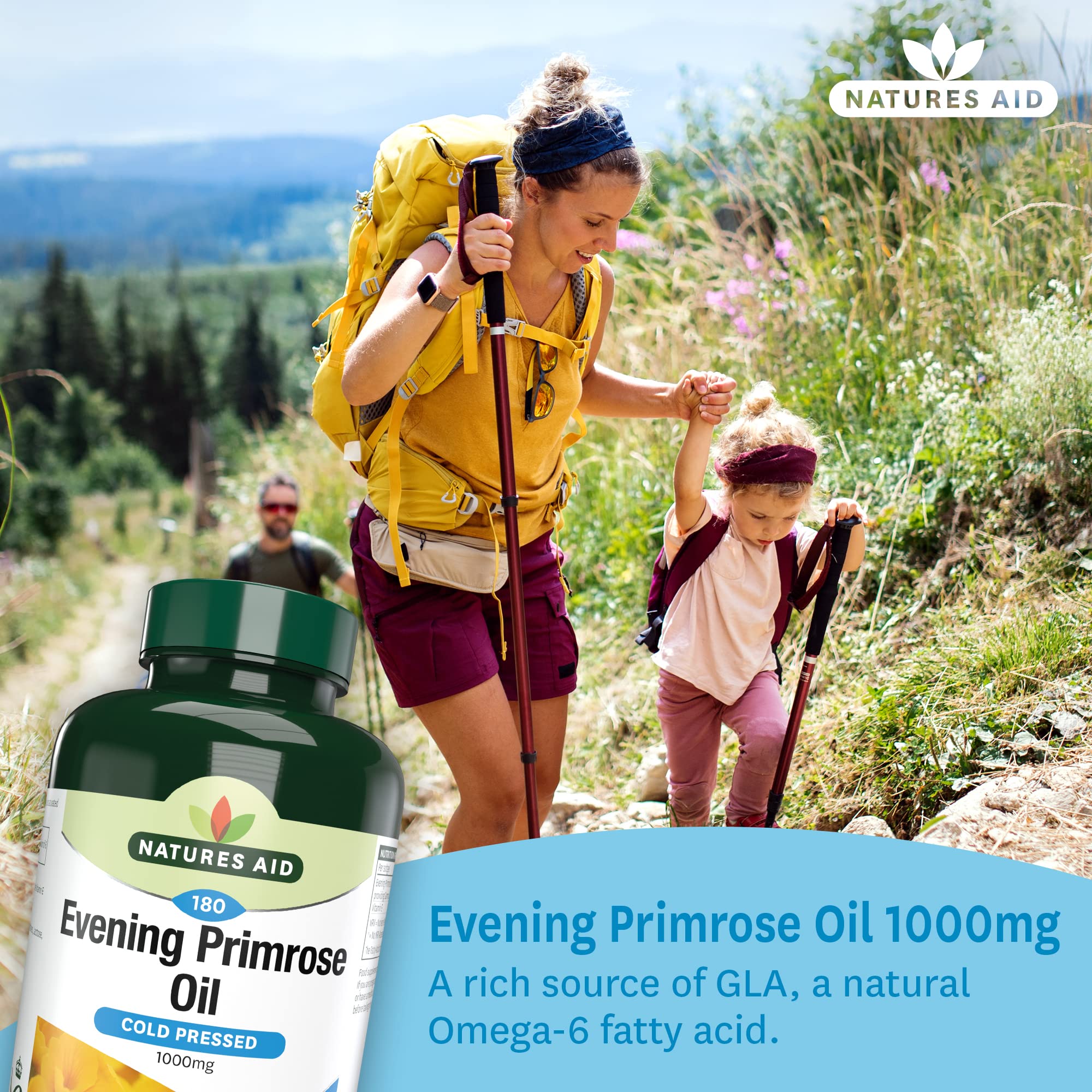 Natures Aid Evening Primrose Oil 1000mg - Cold Pressed Omega-6 GLA Supplement - 180 Softgel Capsules for Women's Health, Hormone Balance & Skin Care - Perfect for PMS Relief, Menopause Support & Healthy Skin Routine