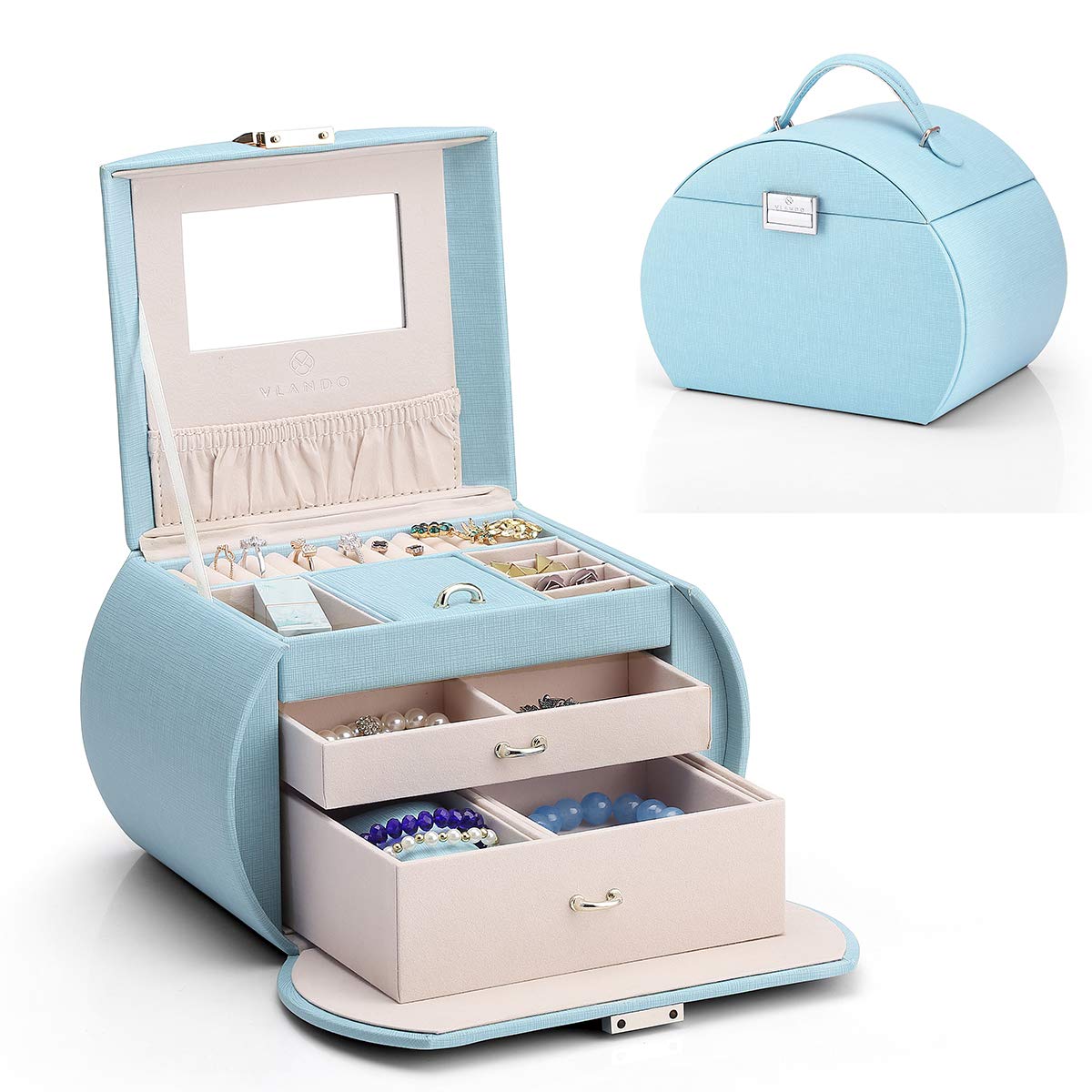 Vlando Princess Style 3-Layer Jewelry Box with Mirror for Girls 8-12 | Kids Jewelry Storage Organizer | Perfect Birthday Gift for Girls (Blue) - Ideal for Bedroom Decor & Jewelry Organization