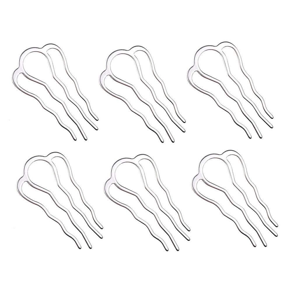 6-Piece Brass Hair Forks with 4 Teeth - Vintage Hair Bun Holders, Hair Clips & Side Combs for Women & Girls (65x35mm, Silver) | Perfect for Bridal Hairstyles, Updos & Boho Hair Accessories
