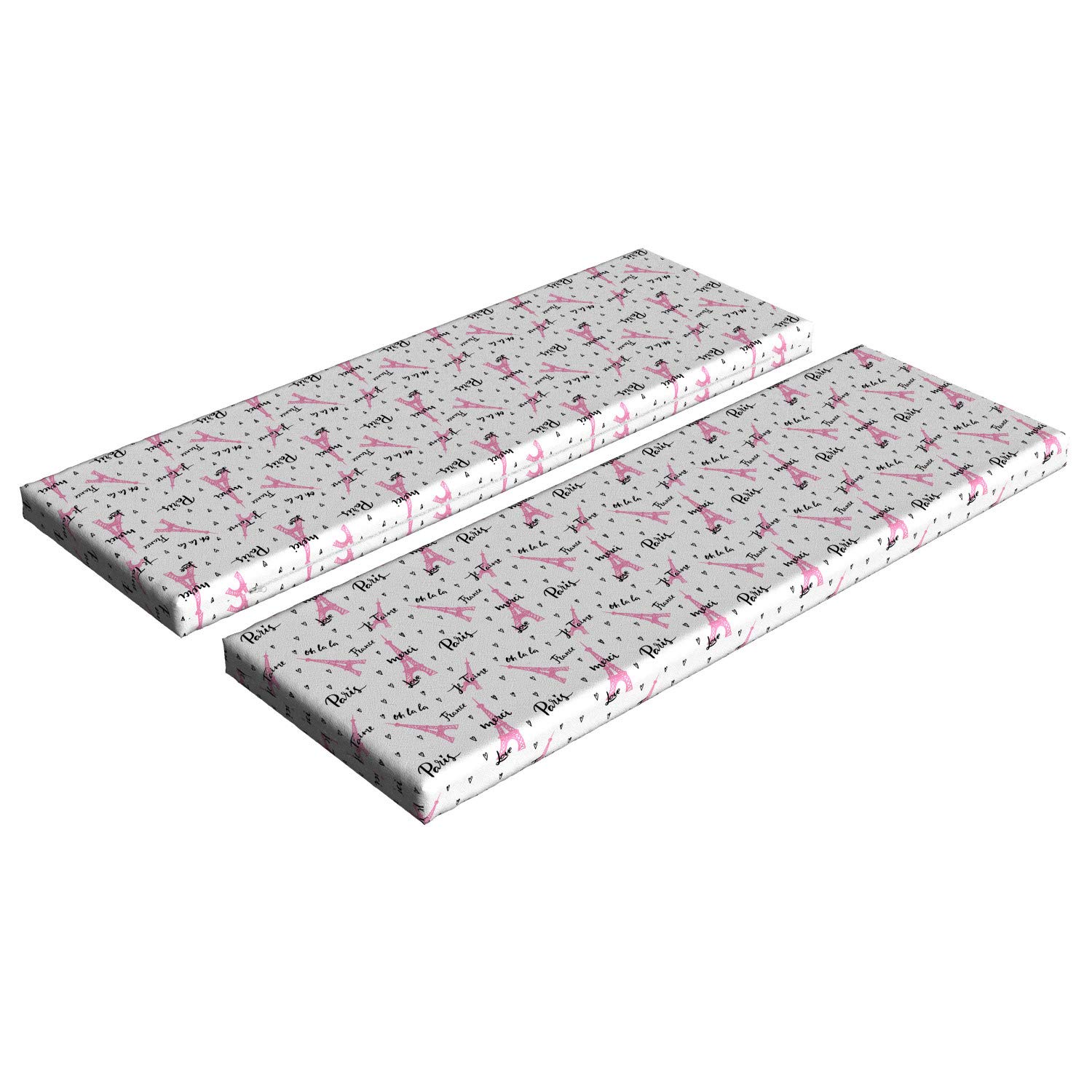 Ambesonne Paris Bench Cushion Set of 2 - Eiffel Tower Design with French 'Je Taime' Romance Heart Print, Standard Size Foam Seat Cushions with Decorative Covers in Pale Pink & White | Perfect for Living Room, Patio, or Garden Decor