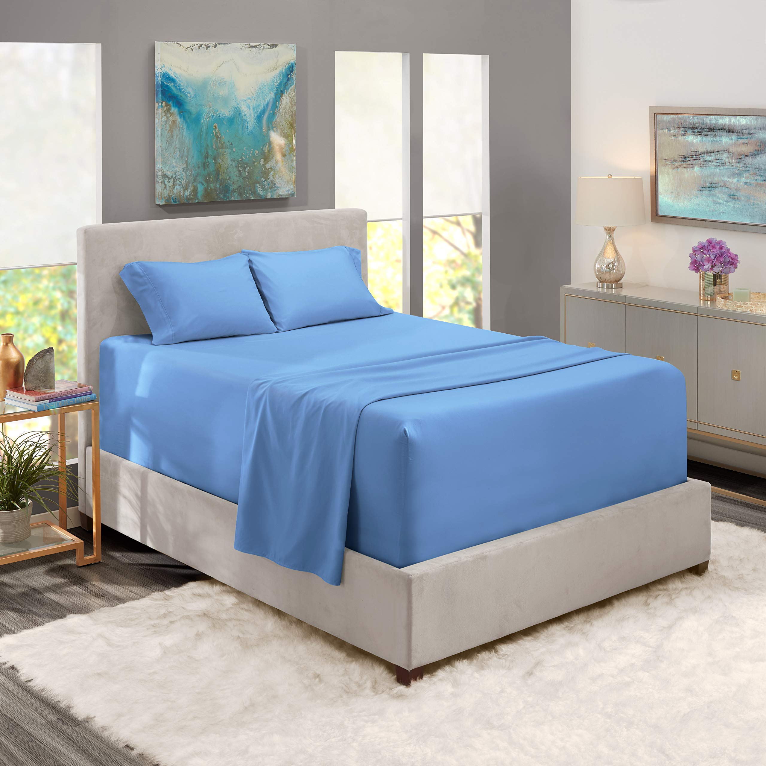 5-Piece Split California King Sheet Set - 100% Cotton, Light Blue, Deep Pocket (Fits 12
