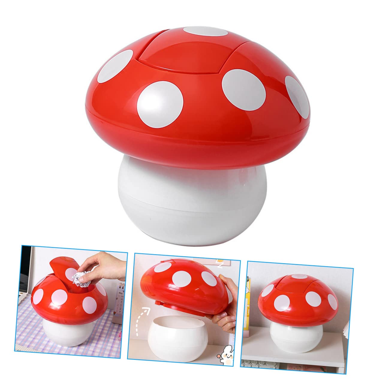 Mushroom Shaped Desk Trash Can - Small Decorative Waste Basket with Lid for Office & Home - Cute Red Garbage Bin for Desk, Bedroom, Dorm Room, Kids Room