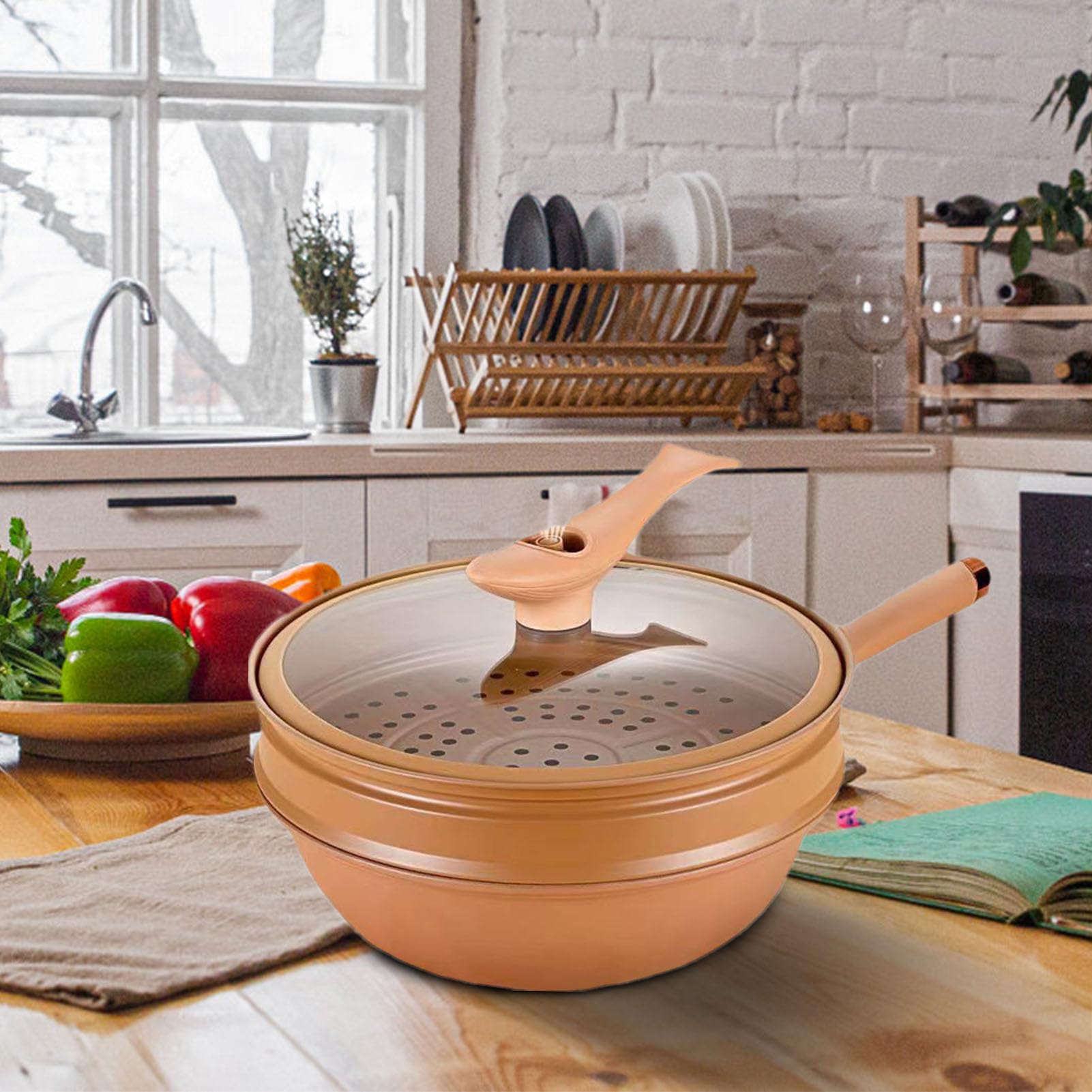 Non-Stick Clay Wok with Steamer Basket - 2-in-1 Frying and Steaming Pan - Induction & Gas Stove Compatible - Multi-Functional Covered Skillet for Asian Cooking, Stir Fry, Steaming Vegetables & Healthy Meals