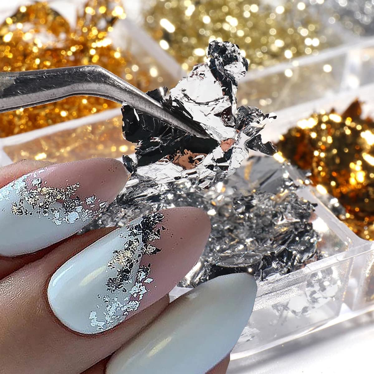 Holographic Glitter Nail Art Foil Flakes - 3D Sparkly Aluminum Foil Sequins for Nail Designs - Gold & Silver Irregular Strip Glitter for Acrylic Nails (6 Grids) - Perfect for Salon, DIY Manicure & Nail Art Enthusiasts