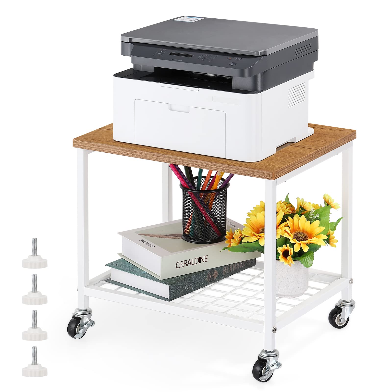 2-Tier Rolling Printer Stand with Wheels - Under Desk Printer Cart, Wood Storage Rack & Mobile Office Organizer for Fax Machine, Laptop, or Bedside Nightstand | Perfect for Home Office, Small Spaces & Industrial Workspaces